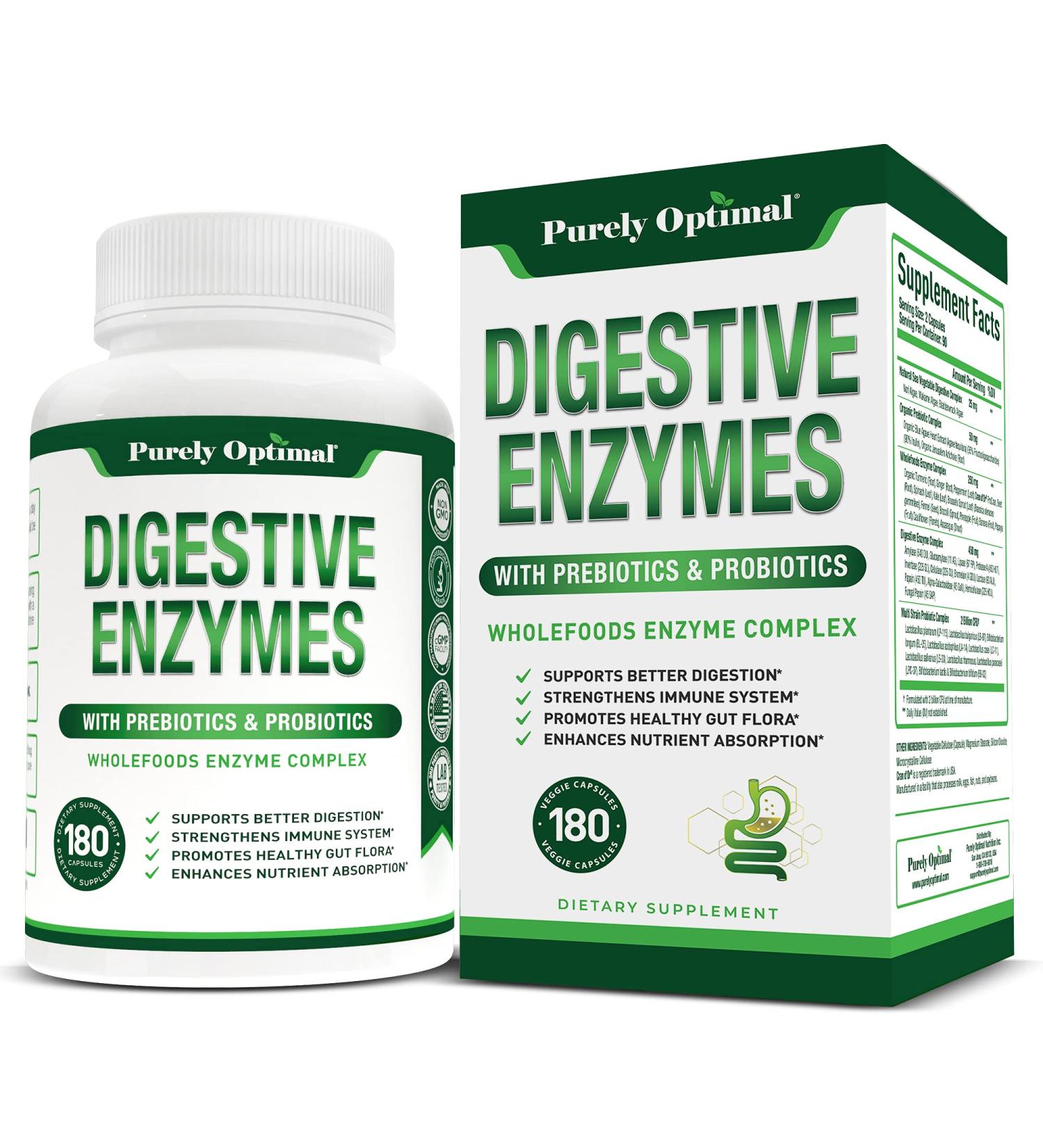 PURELY OPTIMAL Premium Digestive Enzymes with Prebiotics & Probiotics - 180 Capsules for Gut Health - Buy Online on GoSupps.com