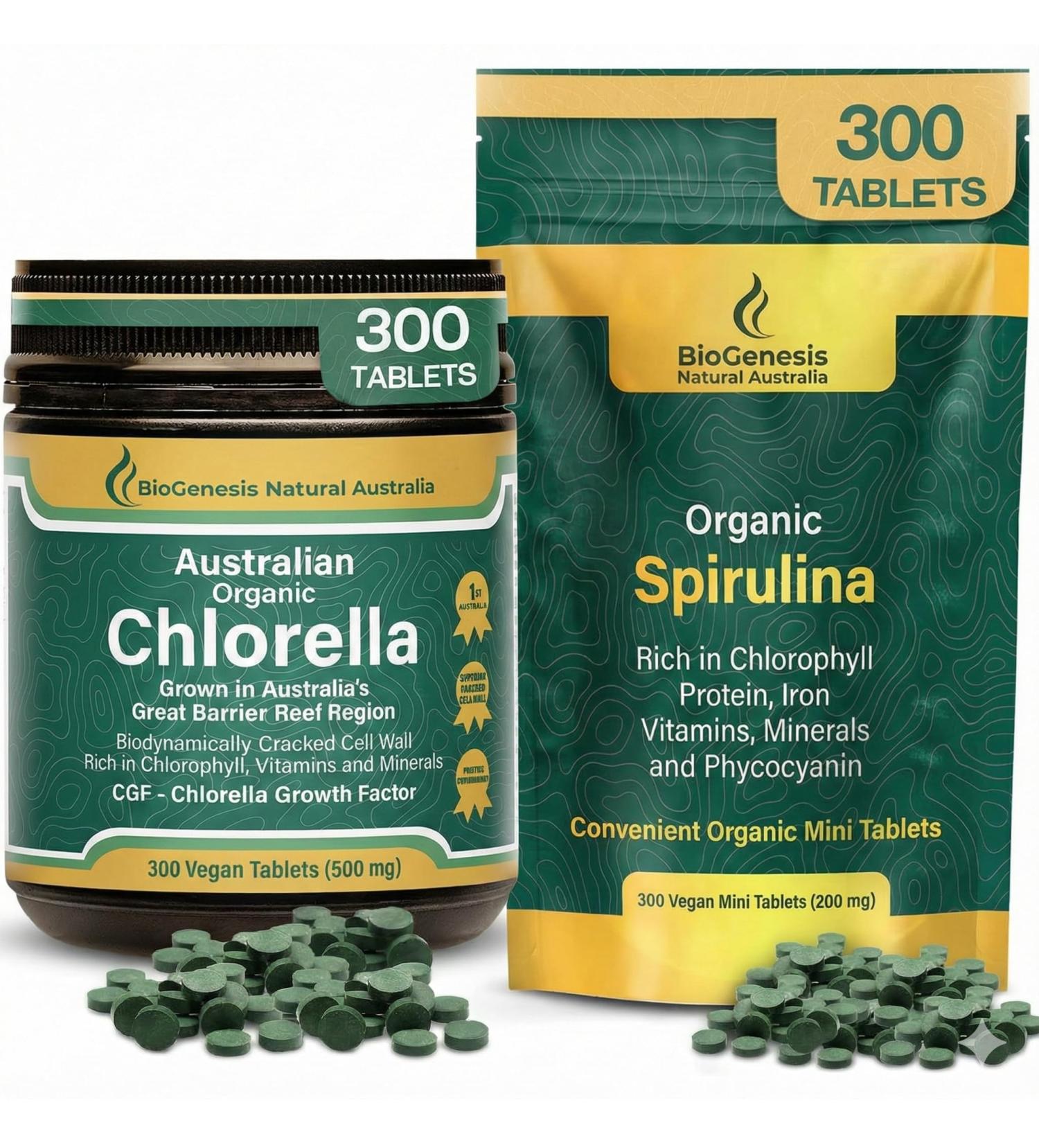 Biogenesis 100% Australian Organic Greens Kit Spirulina Mini Tabs (200mg) & Chlorella Tablets (500mg) BioDynamic Cracked Cell Wall Algae Rich in Chlorophyll & Phycocyanin for Energy Immunity & D - Buy Online on GoSupps.com