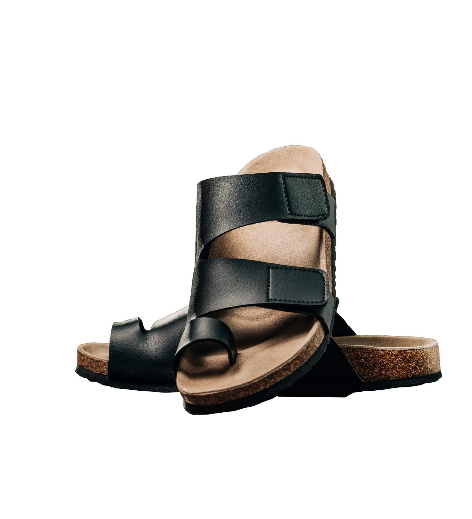 ArthritisHope Wide Zendalias with Bunion Support - Women's Bunion Corrector Sandals, Black PU Leather, Size 12 Wide - Buy Online on GoSupps.com