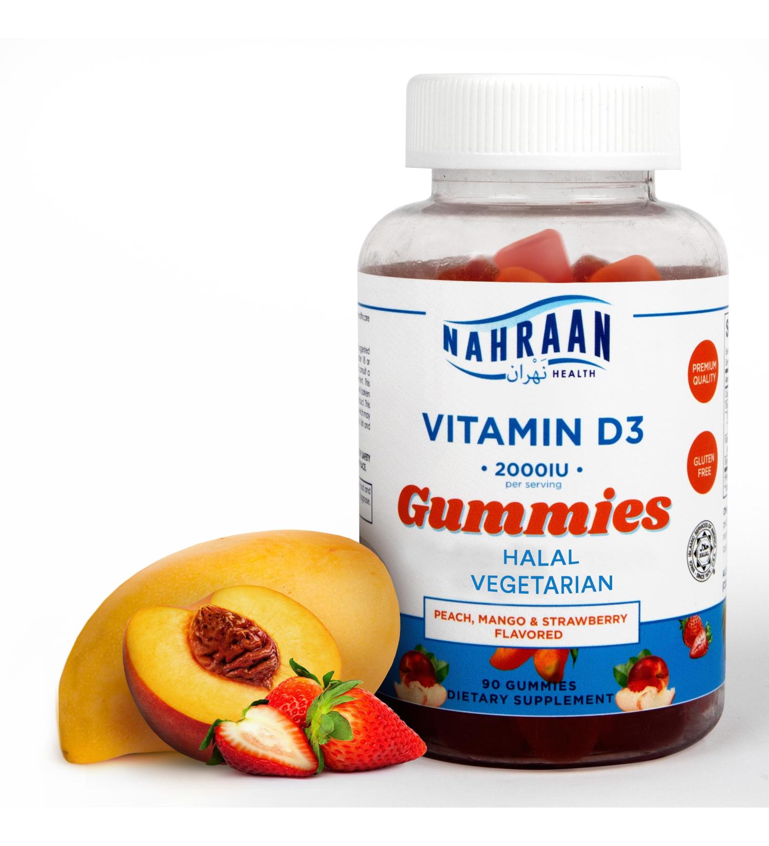 NAHRAAN HEALTH Halal Vitamin D3 2000 IU Gummies Supports Immune, Bone & Muscle Health, Gelatin-Free, Vegetarian, Natural Fruit Flavor 90 Count - Buy Online on GoSupps.com