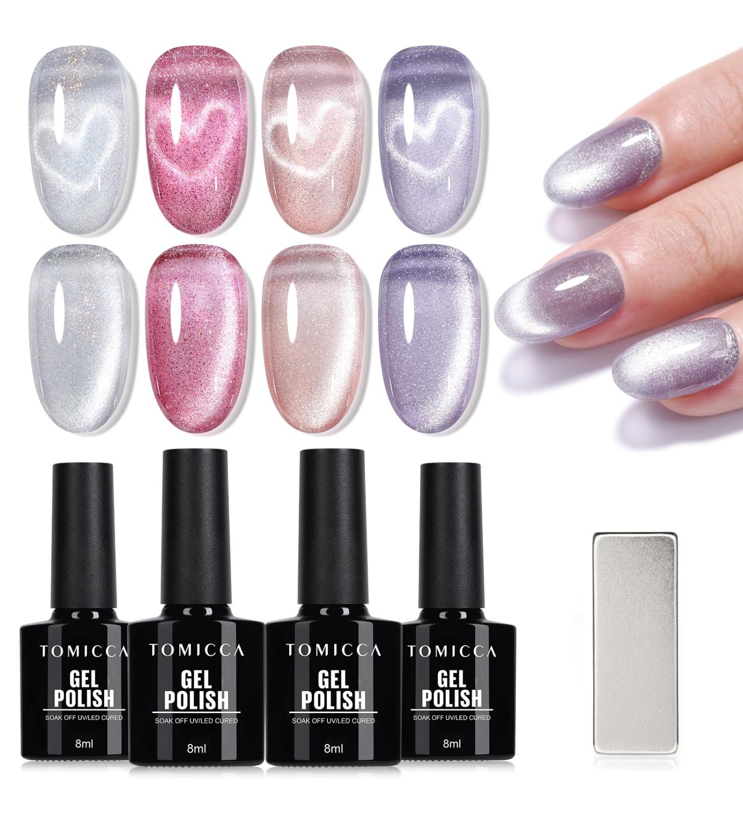 Shop Tomicca Cat Eyes UV Nail Polish Set - 4 Glitter Pink Gel Colors Shellac & UV Gel for Beginners & DIY Home - Buy Online on GoSupps.com