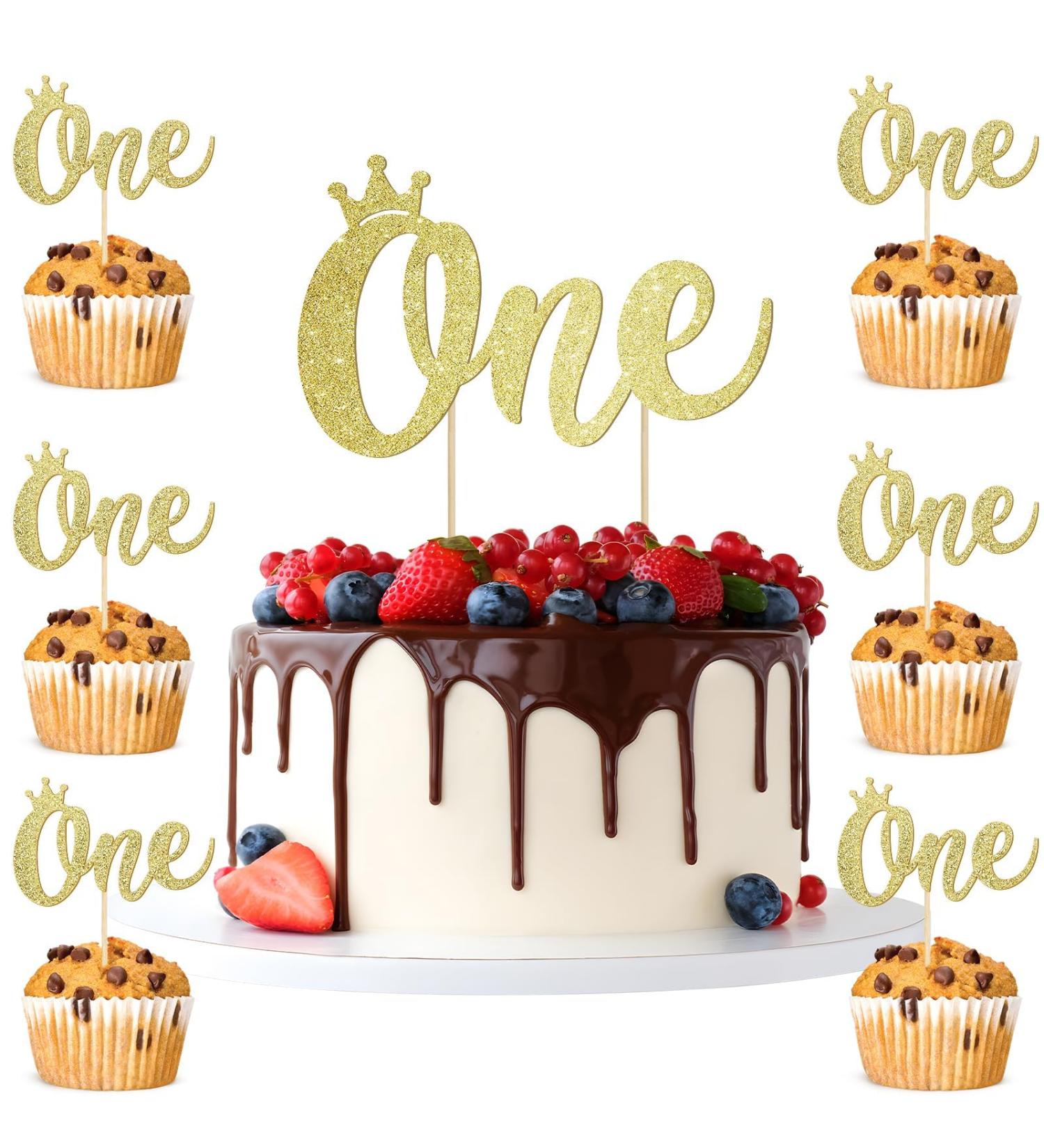 One Birthday Big Cake Topper + 6pcs One small Glitter Paper Gold Cake Picks for 1st Birthday Party Baby Shower Decorations Supplies for Birthday Cake - Buy Online on GoSupps.com
