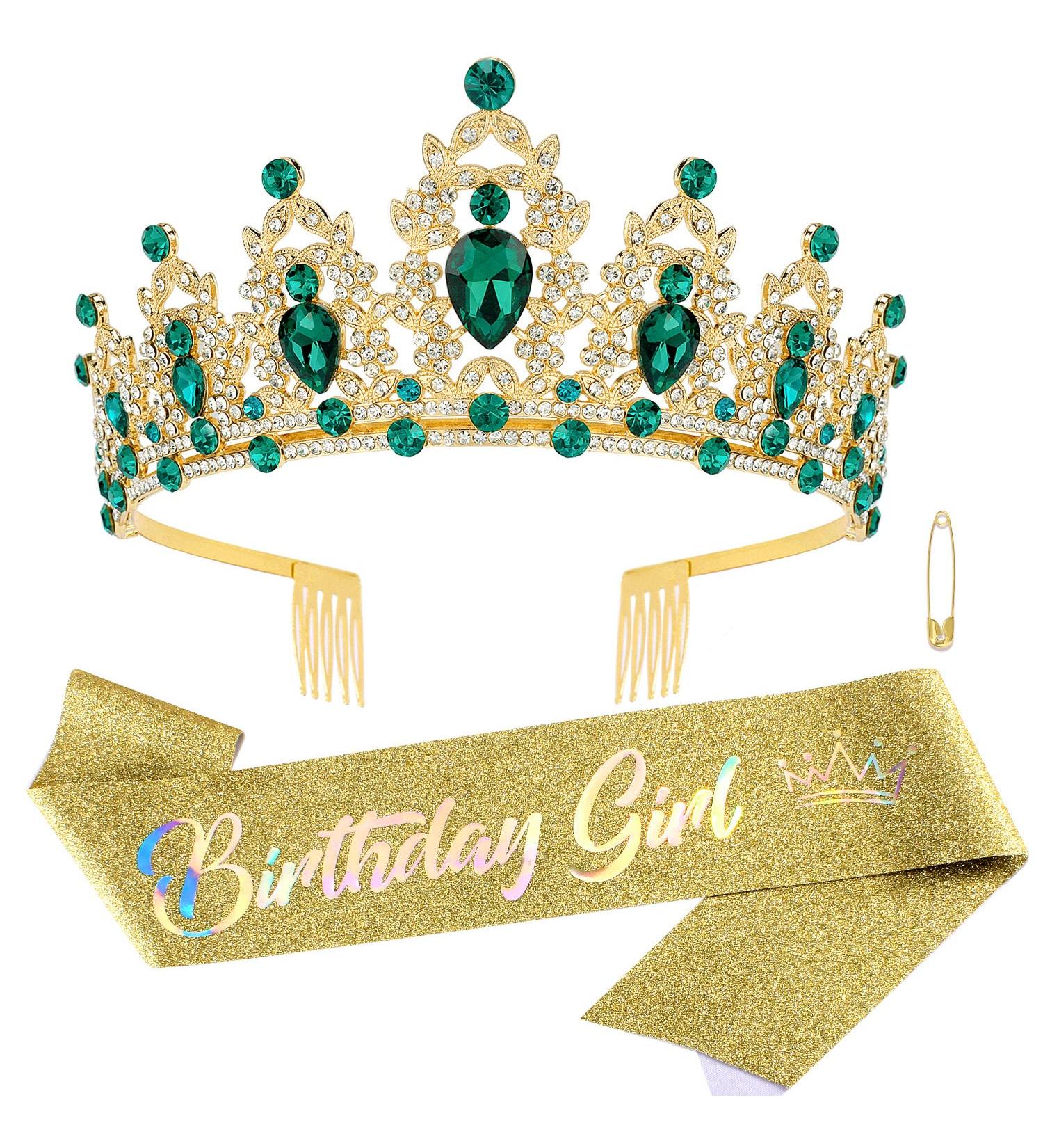 SuPoo Green Birthday Crown and Sash Kit - Rhinestone Tiara with Crystal Headband - Happy Birthday Decorations for Women - Buy Online on GoSupps.com