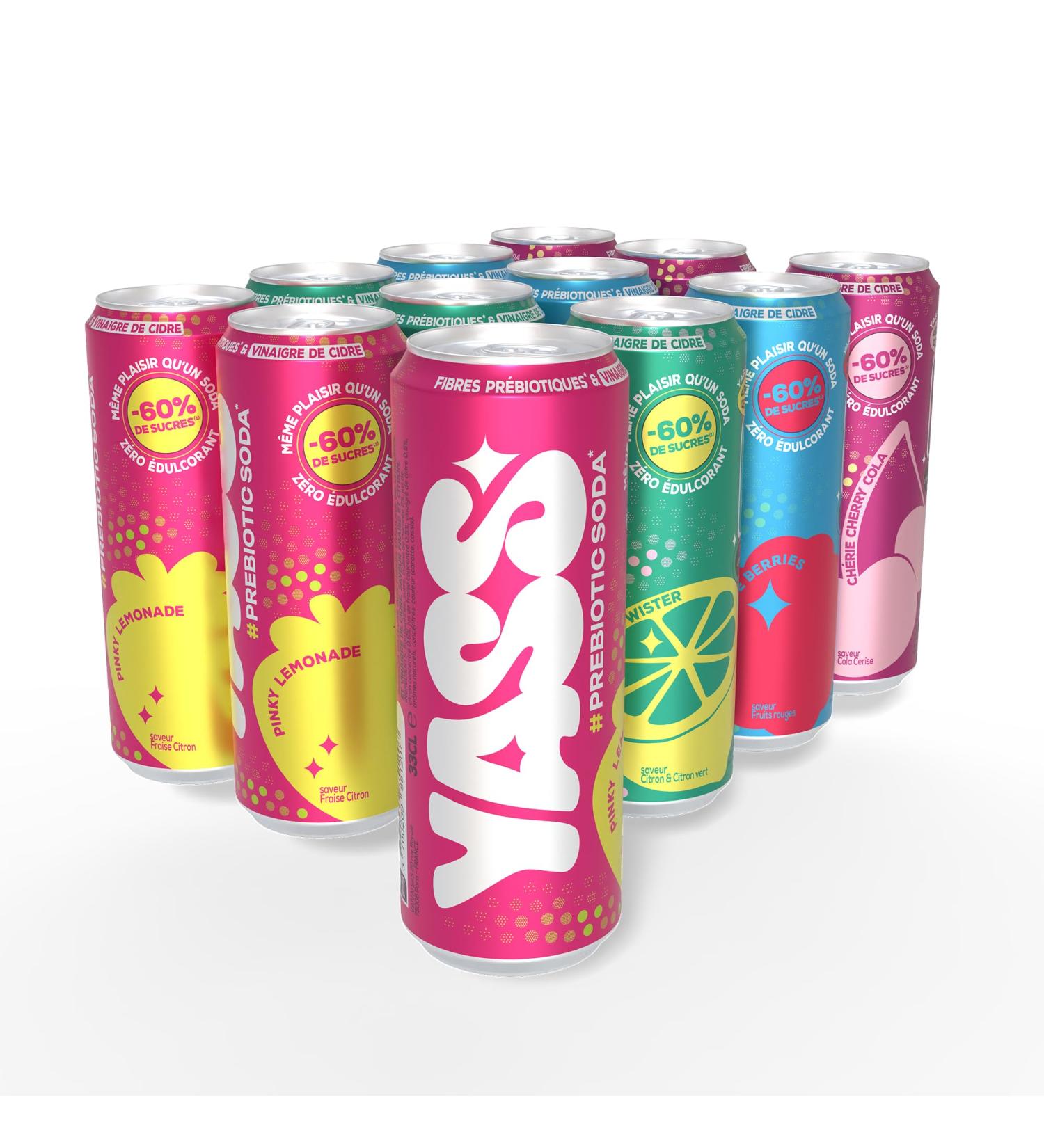 YASS Soda Pr biotique-Pack d couverte (RED'N BLUE BERRIES -CITRUS TWISTER- CHERRY COLA -PINKY LEMONADE)- Le Soda Sain & Styl qui Prend Soin de Ton Ventre -12 canettes de 33cl KIT MIX - Buy Online on GoSupps.com