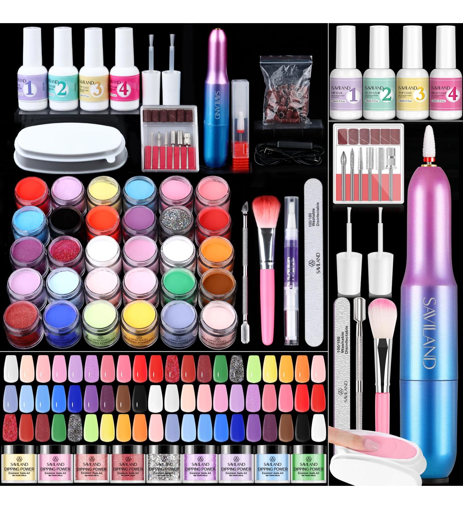 Saviland Dipping Powder Nails Set - 30 Color Dip Powder Kit with Electric Nail Miller Base & Top Coat Activator Brush Saver for Vibrant Nail Art - Buy Online on GoSupps.com