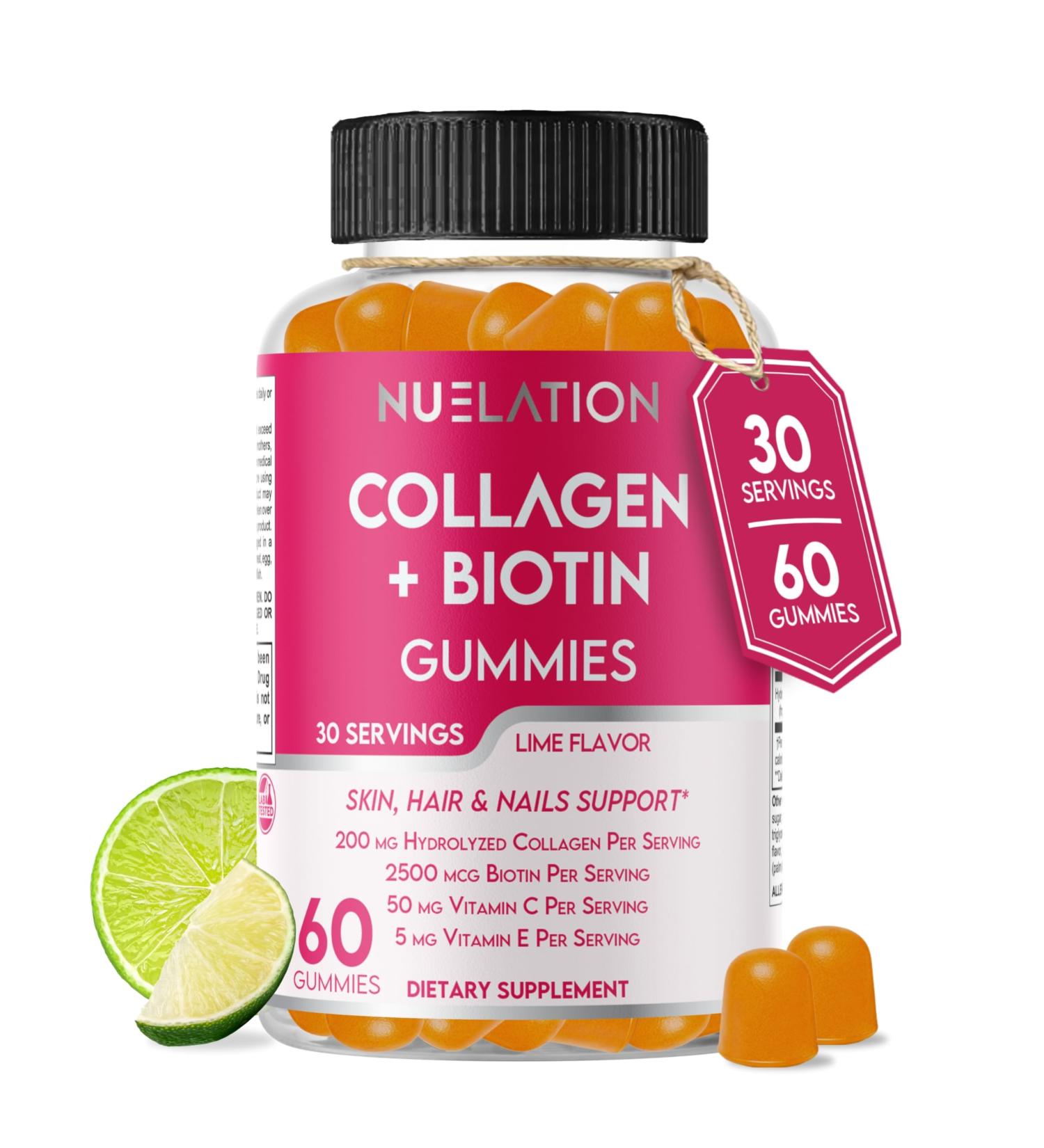 NUELATION 200mg Hydrolyzed Gummy Collagen for Women & Men. 2500mcg Biotin Gummies with 5mg Vitamin E 50mg Vitamin C & 5mg Zinc. Gluten-Free Non-GMO Keto Friendly Adult Biotin and Collagen Vitamins - Buy Online on GoSupps.com