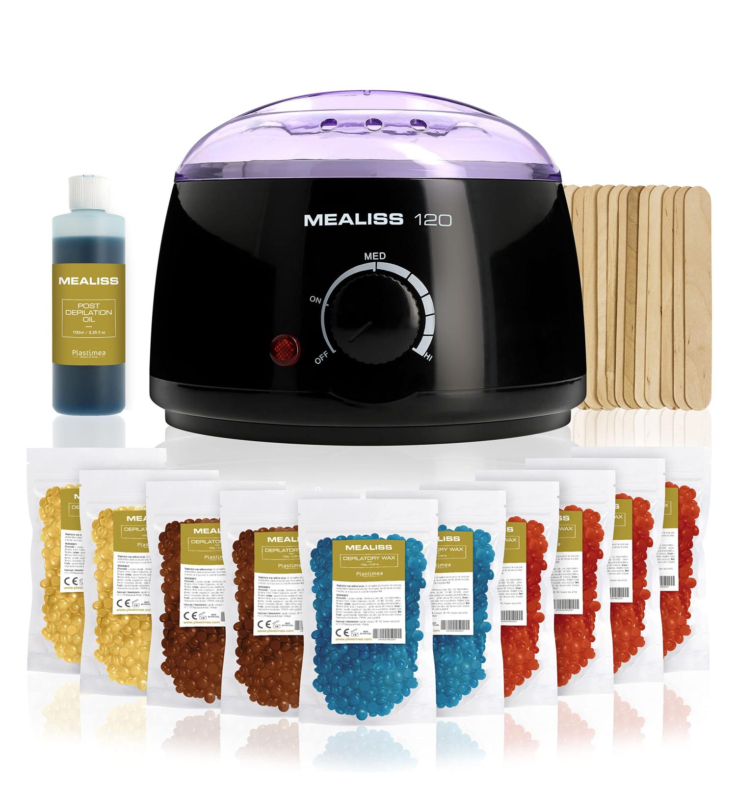 Mealiss 120 Deluxe XXL Waxing Kit - Professional Wax Warmer 1kg Brazilian Wax 20 Spatulas & Care Oil - 1 Year Hot Wax Epilation - Buy Online on GoSupps.com