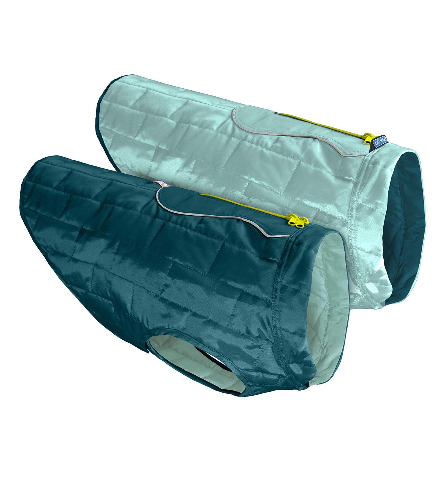 Kurgo Loft Dog Jacket - Reversible Fleece Winter Coat - Cold Weather Protection - Wear with Harness Or Additional Layers - Reflective Accents, Leash Access, Water Resistant Medium Ink Blue/Seaglass