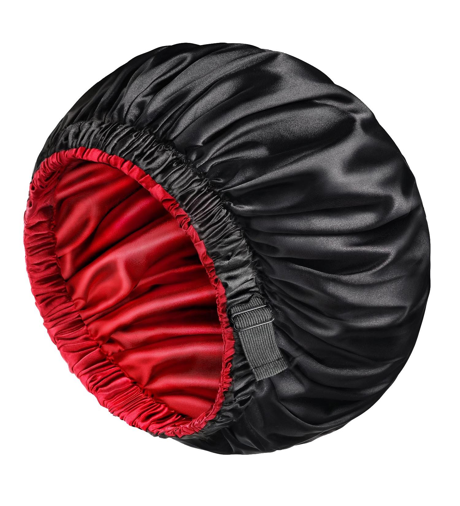 Mikimini Satin-Haube 2 Pack - Adjustable Double-Layer Sleep Silk Hood for Curly Hair & Braids (XL Black/Red) - Non-Slip Design for Men & Women - Buy Online on GoSupps.com