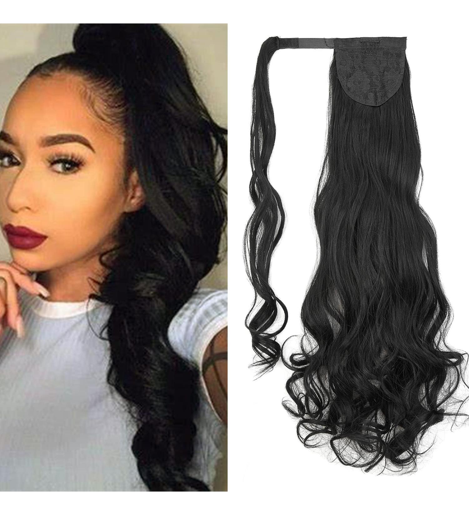 Gairyan Long Curly Ponytail Extension Wrap Around Clip in Ponytail Hair Extensions Wavy 24 inch Synthetic Hairpieces for Women Real Natural Look Wave (Black) 24 inch Black - Buy Online on GoSupps.com