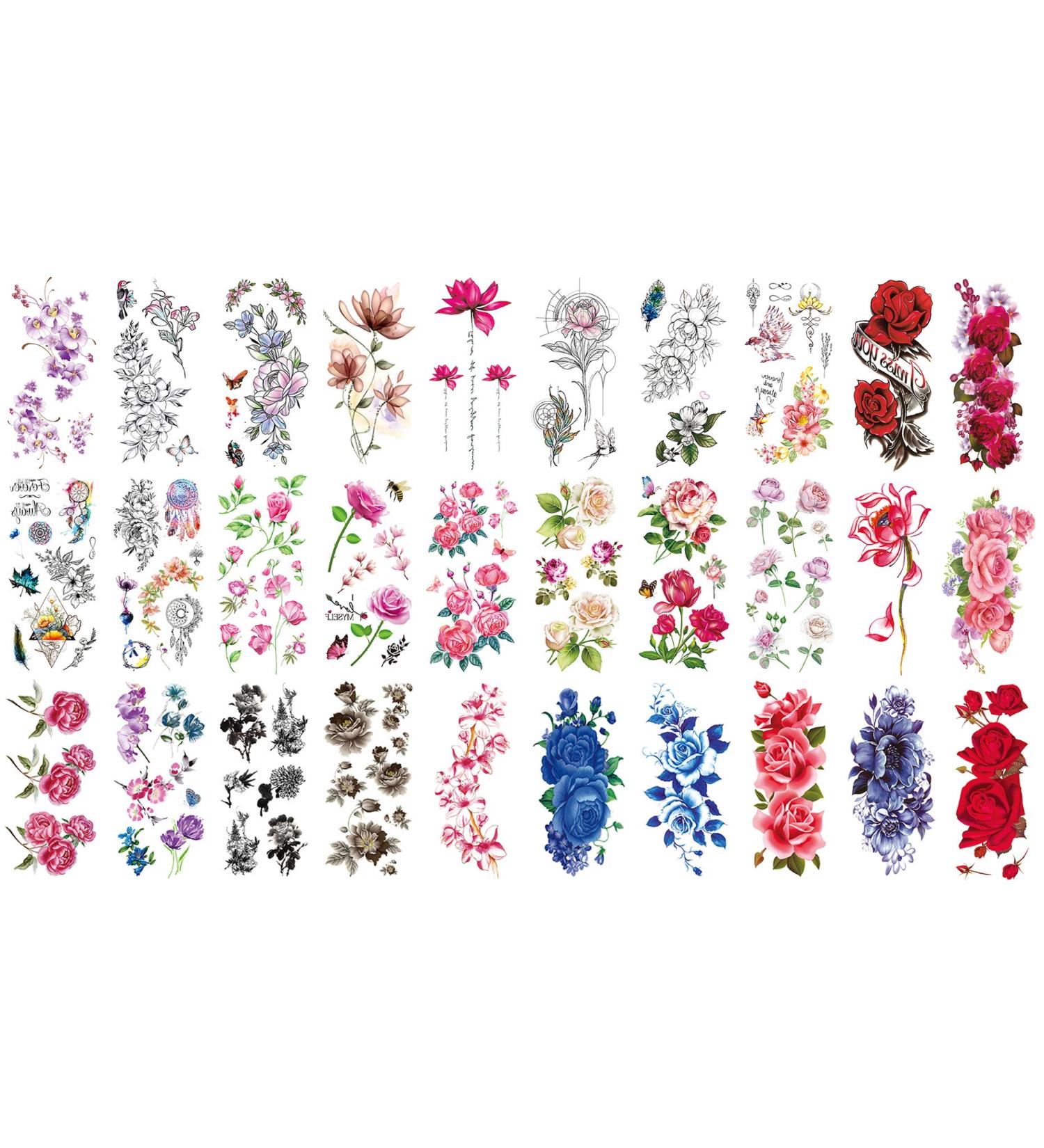 30pcs Waterproof Flower Temporary Tattoos for Women L7.5xW3.6 - Trendy and Stylish Designs - Buy Online on GoSupps.com