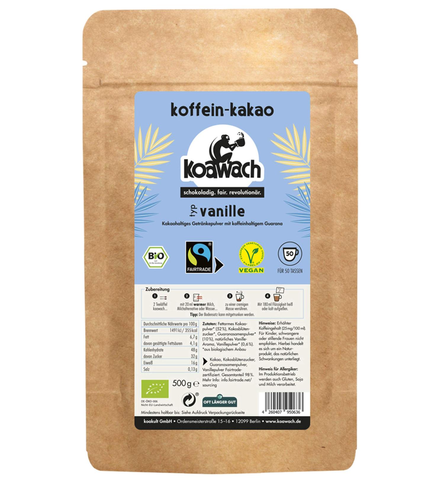 Koawach Vanilla Cocoa Powder - Vegan Hot Chocolate Drink (500g) | Low Sugar Fairtrade Energy Boosting Perfect for Baking - Buy Online on GoSupps.com