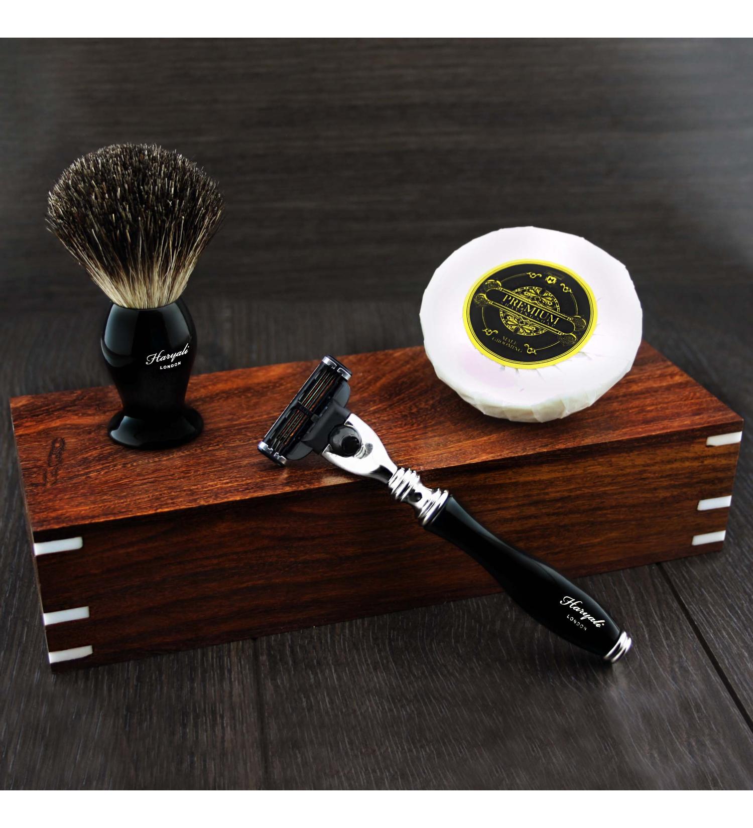 Ultimate Men's Shaving Kit: 3 Edge Razor Black Badger Hair Brush & Soap in Handmade Wooden Box - International Shipping Available - Buy Online on GoSupps.com