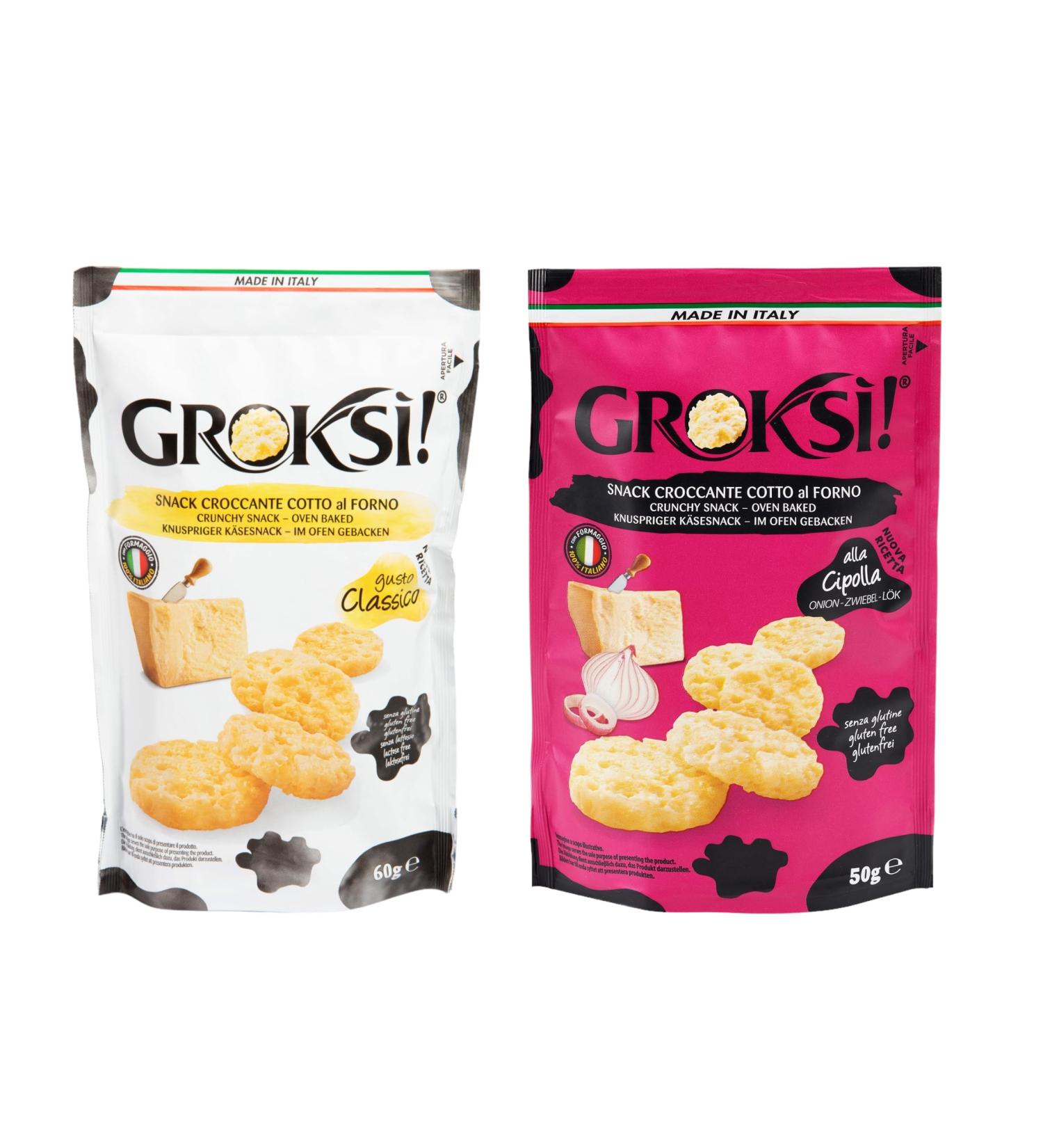 GROKSi! Cheese Snack Set from Italy - Classico & Onion | Protein-Rich 60g & 50g Crackers - Buy Online on GoSupps.com