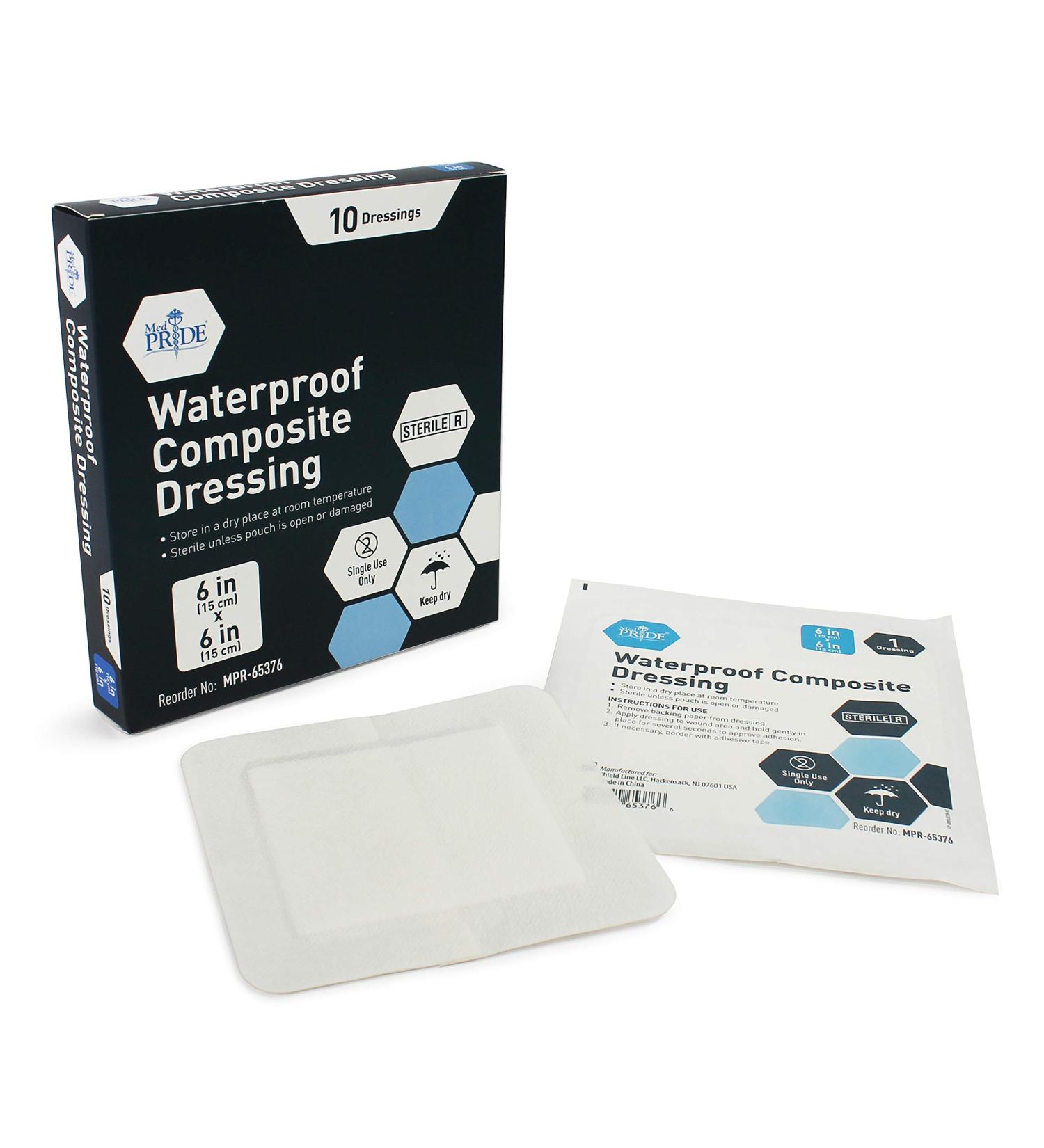 Medpride Waterproof Composite Wound Dressing Pads 6x6 Inch - 10-Pack, Sterile & Individually Wrapped - Medium Absorbency for Pressure Ulcers, Post Op Trauma - Men & Women - Buy Online on GoSupps.com