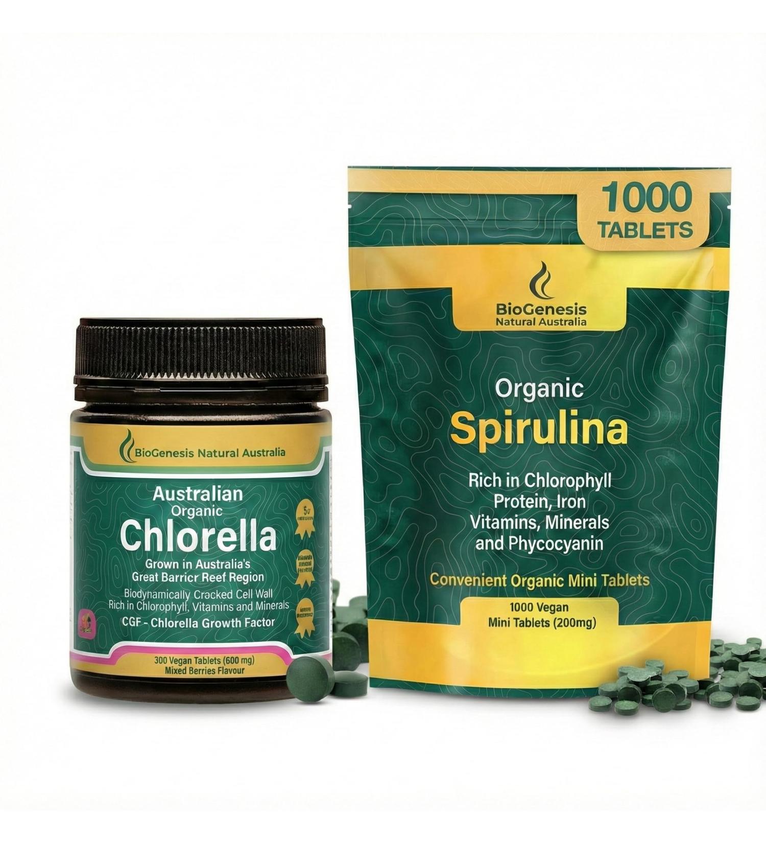 Biogenesis Total Wellness Green Stack: Spirulina Mini Tablets (1000 Count 200mg) & Chlorella Tablets (300 Count 500mg) Plant-Based Energy Immunity & Detox Support Vegan Non-GMO 2 Pack Kit - Buy Online on GoSupps.com
