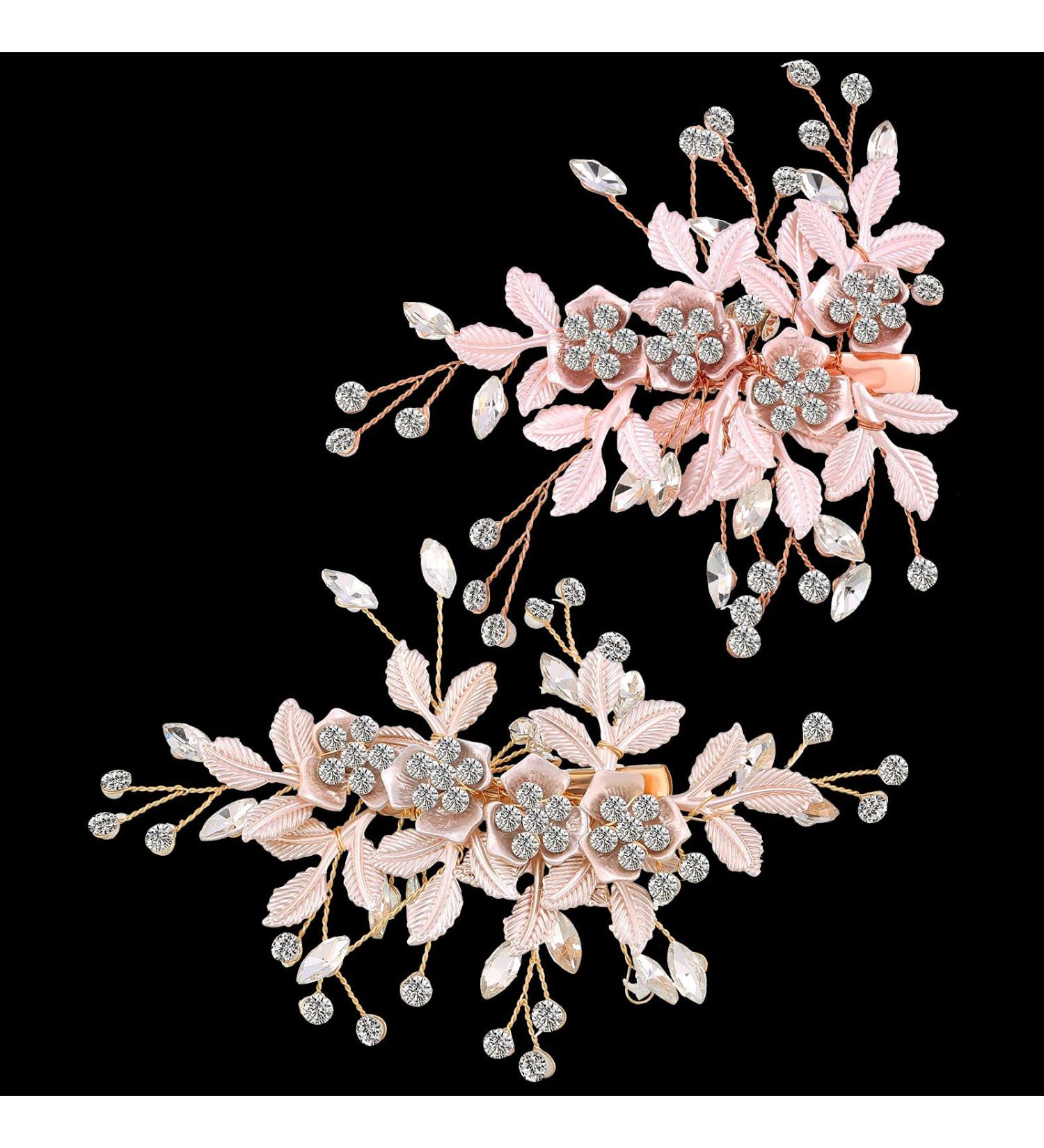 Rose Gold Wedding Flower Clip Set - Handmade Rhinestone Bridal Hair Accessories - Buy Online on GoSupps.com