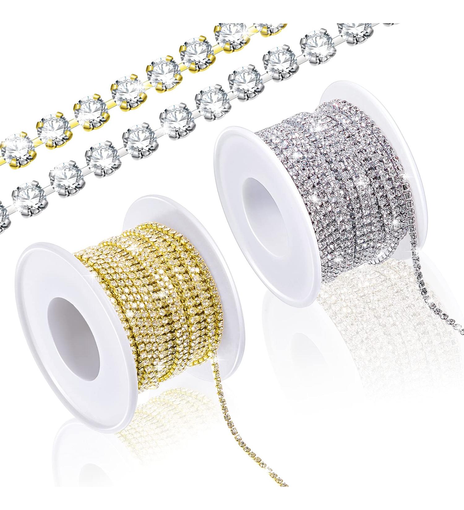 2 Rolls Crystal Rhinestone Close Chain Trim for Crafts, Sewing, DIY Jewelry - 10 Yards - Silver/Gold 2MM - Buy Online on GoSupps.com