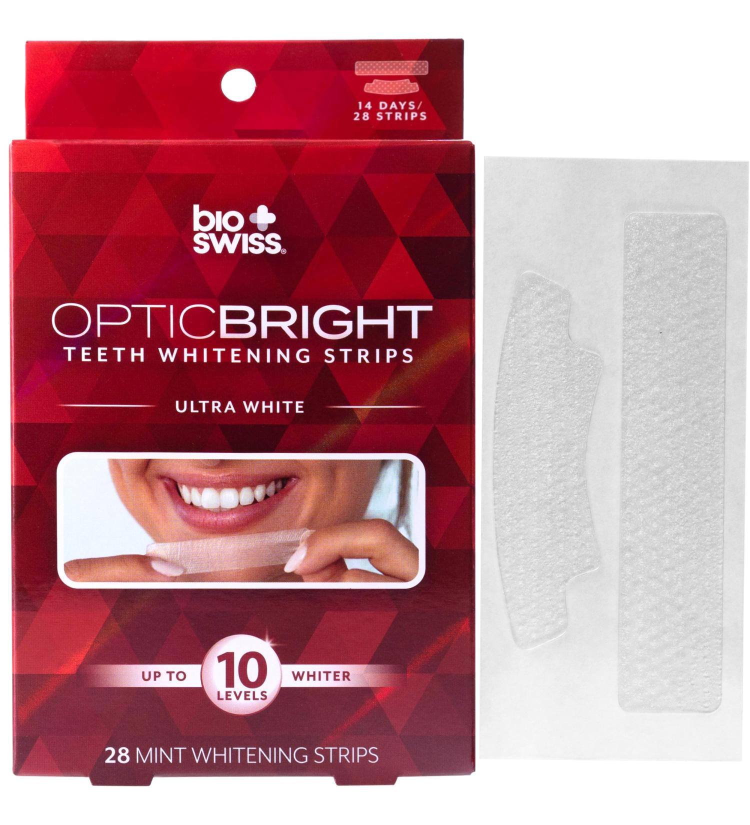 BioSwiss Teeth Whitening Strips Optic Bright Ultra White Mint Tooth Whitener Strip Set Pack of 28 Red Box - Buy Online on GoSupps.com