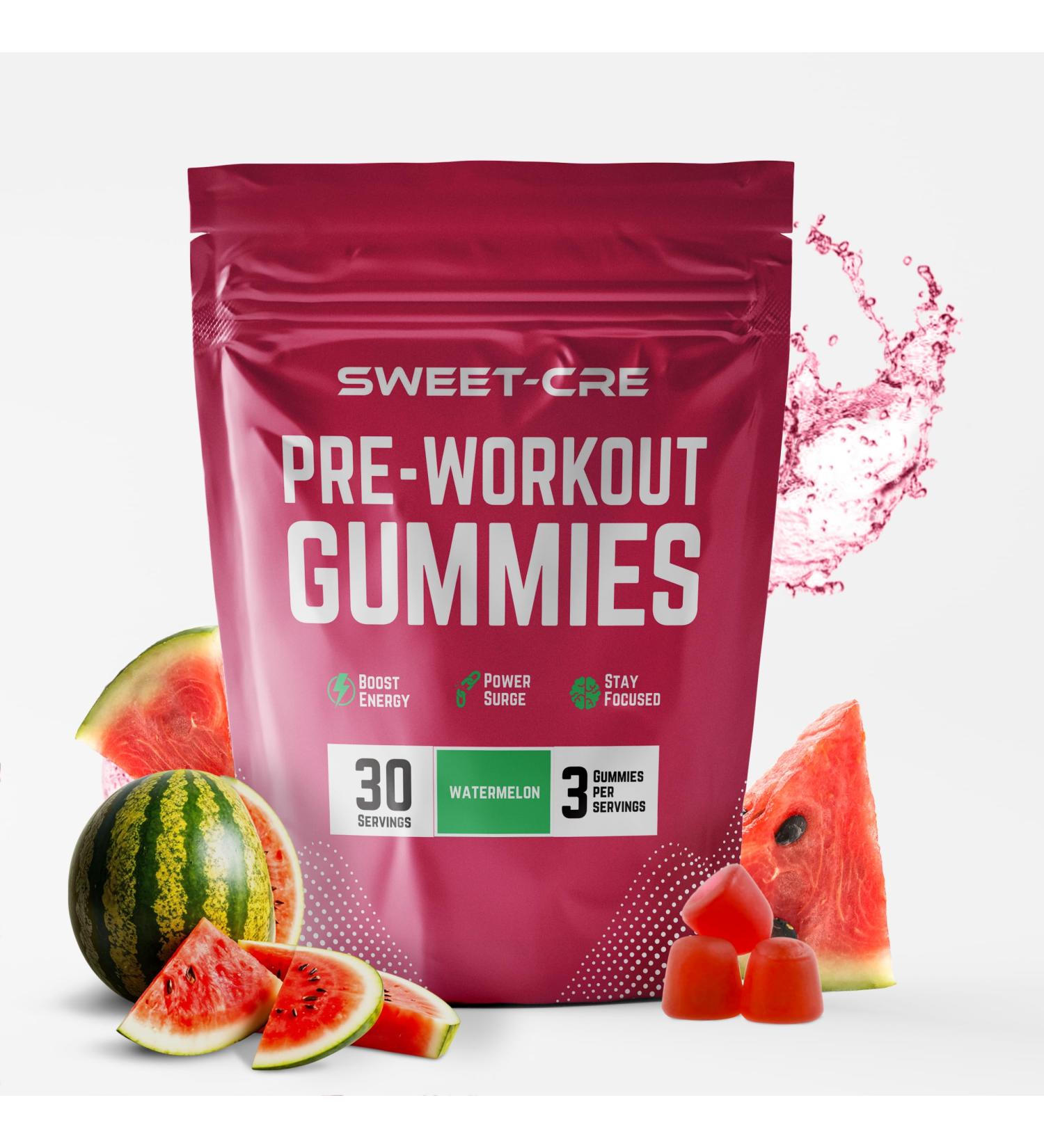 Sweet Cre Pre-Workout Gummies 90-Count Preworkout Gummies with Caffeine Vitamin B12 Pre-Workout Supplement for Women and Men for Energy Boost Endurance Muscle Strength Watermelon - Buy Online on GoSupps.com