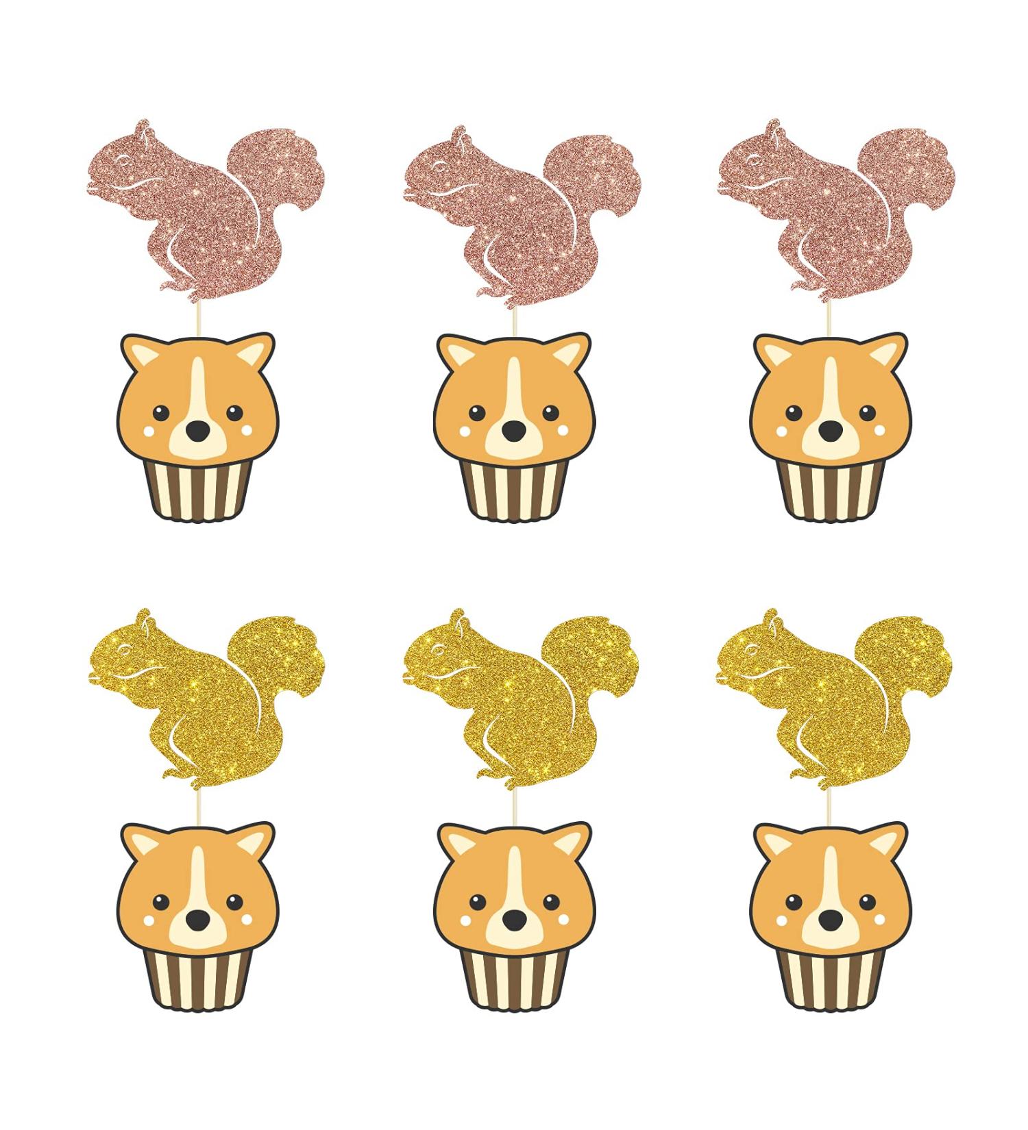 Set of 24 Glitter Squirrel Cupcake Toppers Animal Themed Baby Shower Dessert Decor Birthday Party Decorations Supplies - Buy Online on GoSupps.com
