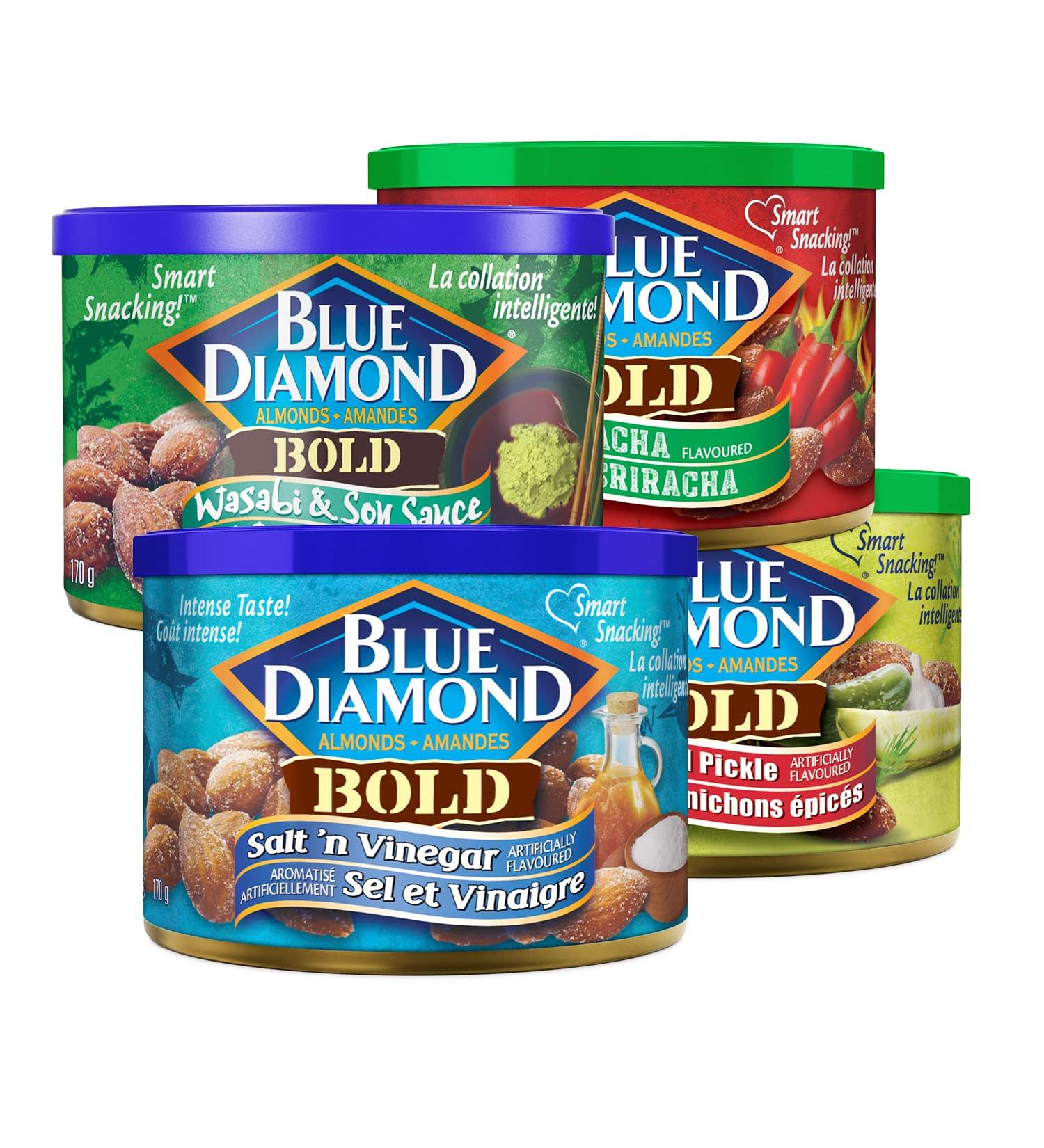 Blue Diamond Almonds Flavored Snack Nuts Variety Pack -Salt N' Vinegar and Wasabi & Soy Sauce Spicy Dill Sriracha Resealable Can (Pack of 4) - Buy Online on GoSupps.com