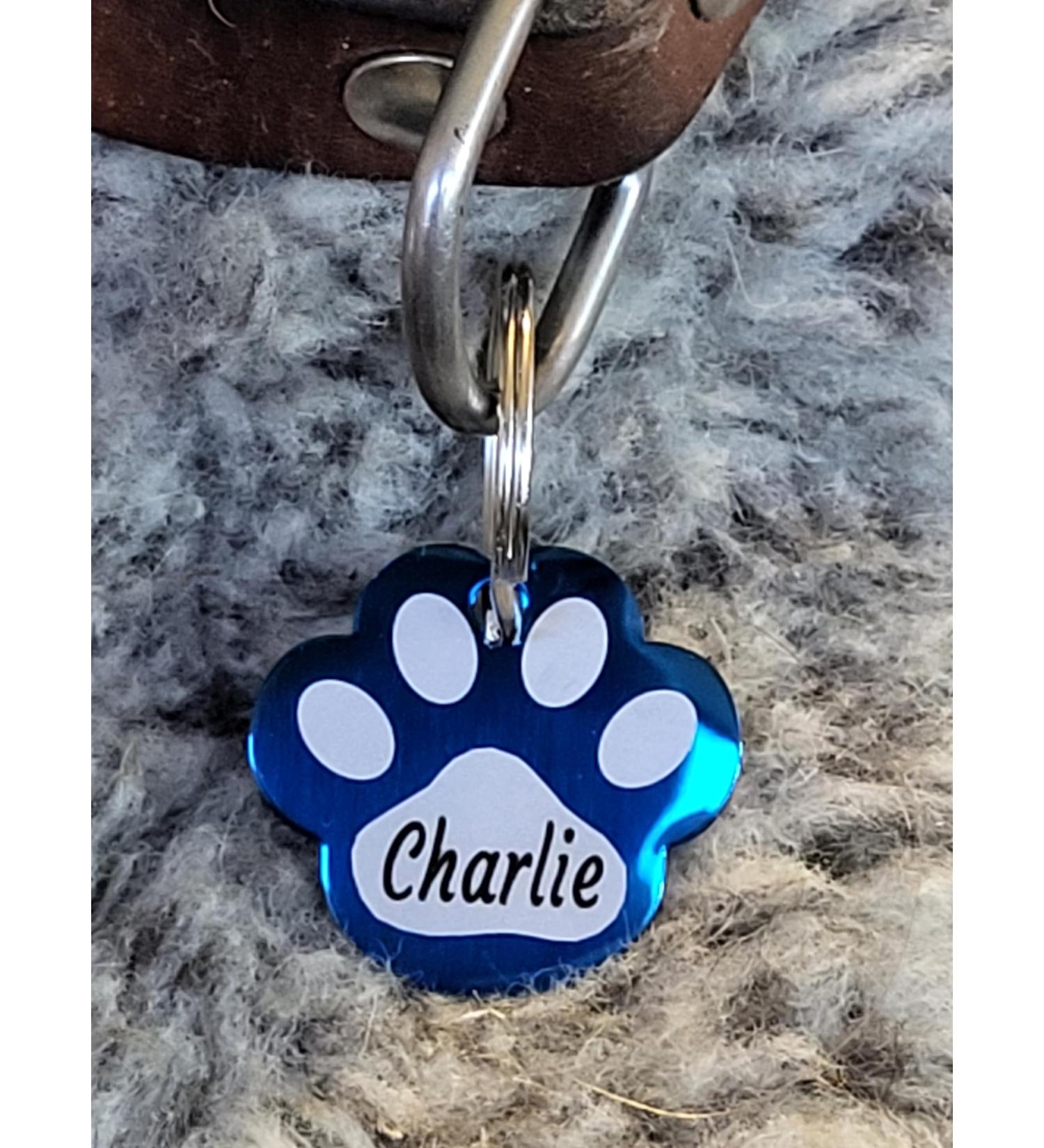 Dog brand made of stainless steel in paw shape with engraving - animal brand dog cat puppy 3 sizes 6 colors (L 40mm x 37mm blue) L 40mm x 37mm blue