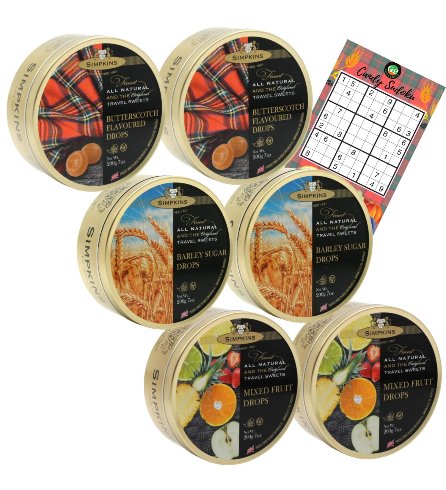 Go2 Groceries Bundle: Simpkins Original Travel Sweets - Butterscotch, Barley, Mixed Fruit (6x200g) with Bonus Game Card - Buy Online on GoSupps.com