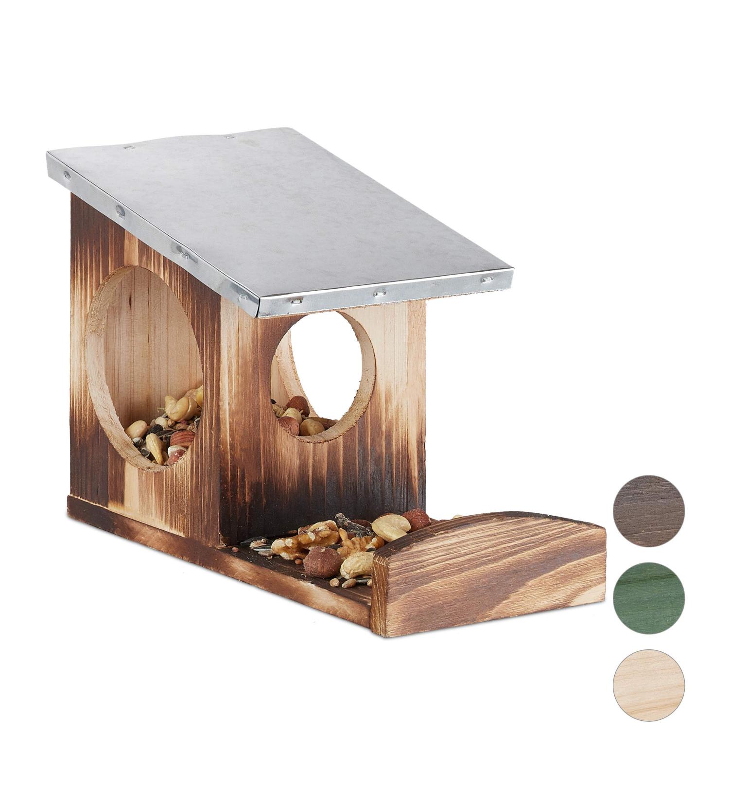 Relaxdays Squirrel Feeder: Weatherproof Wooden House with Metal Roof for Garden - Flamed Brown - Buy Online on GoSupps.com