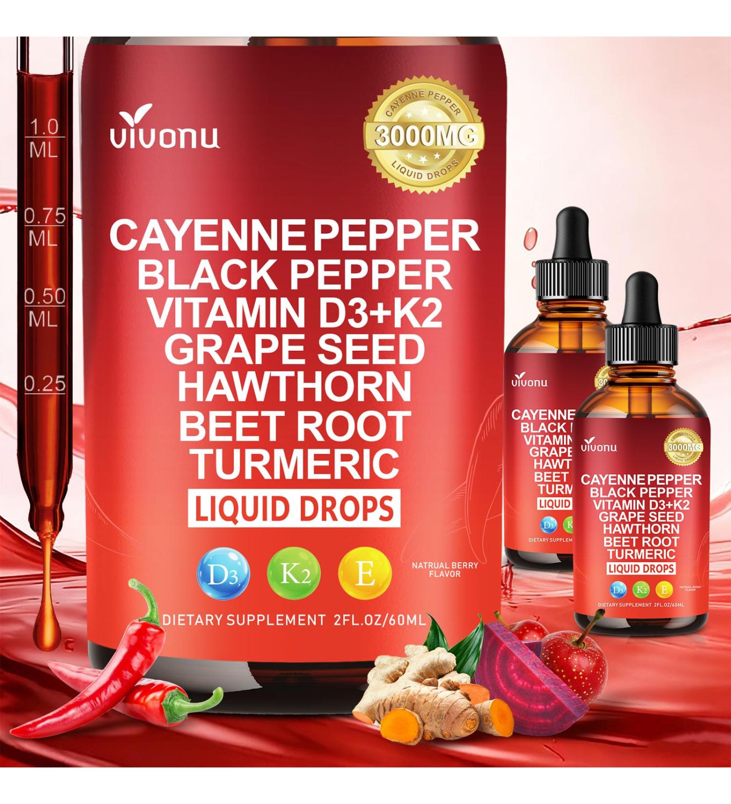 Cayenne Pepper Drops Supplement Liquid + Liposomal Tech 98% Absorption Supports* Leg Vein Heart & Blood Vessel* Health + Vitamin E D3+K2 & Extracts of Grape Seed Hawthorn Beetroot Berberine - Buy Online on GoSupps.com