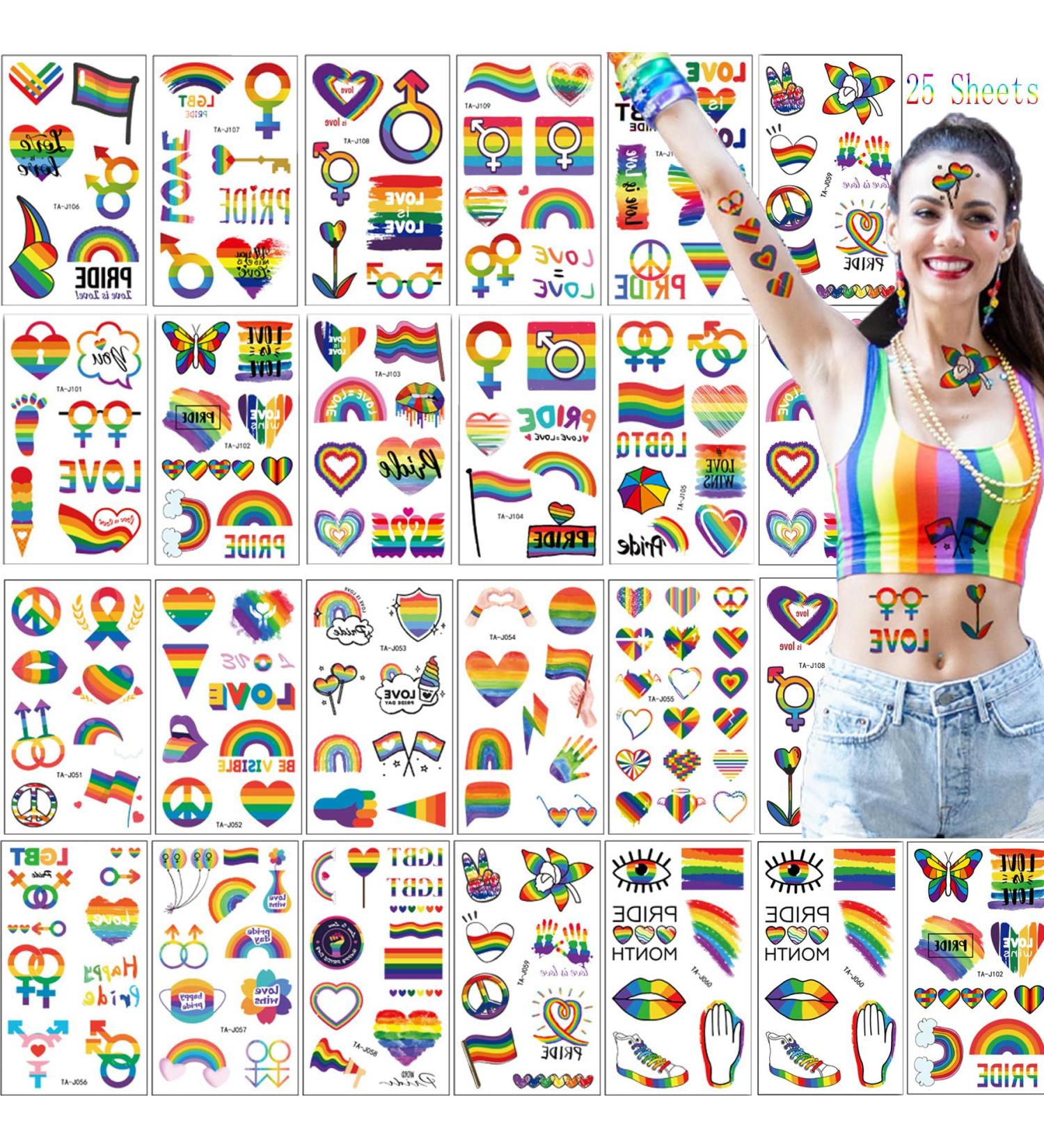 25 Sheets 200PCS Pride Temporary Tattoos LGBTQ Gay Lesbian Rainbow Pride Tattoos Waterproof Pride Stickers for Pride Parade Festival Party Supplies Pride Decorations - Buy Online on GoSupps.com