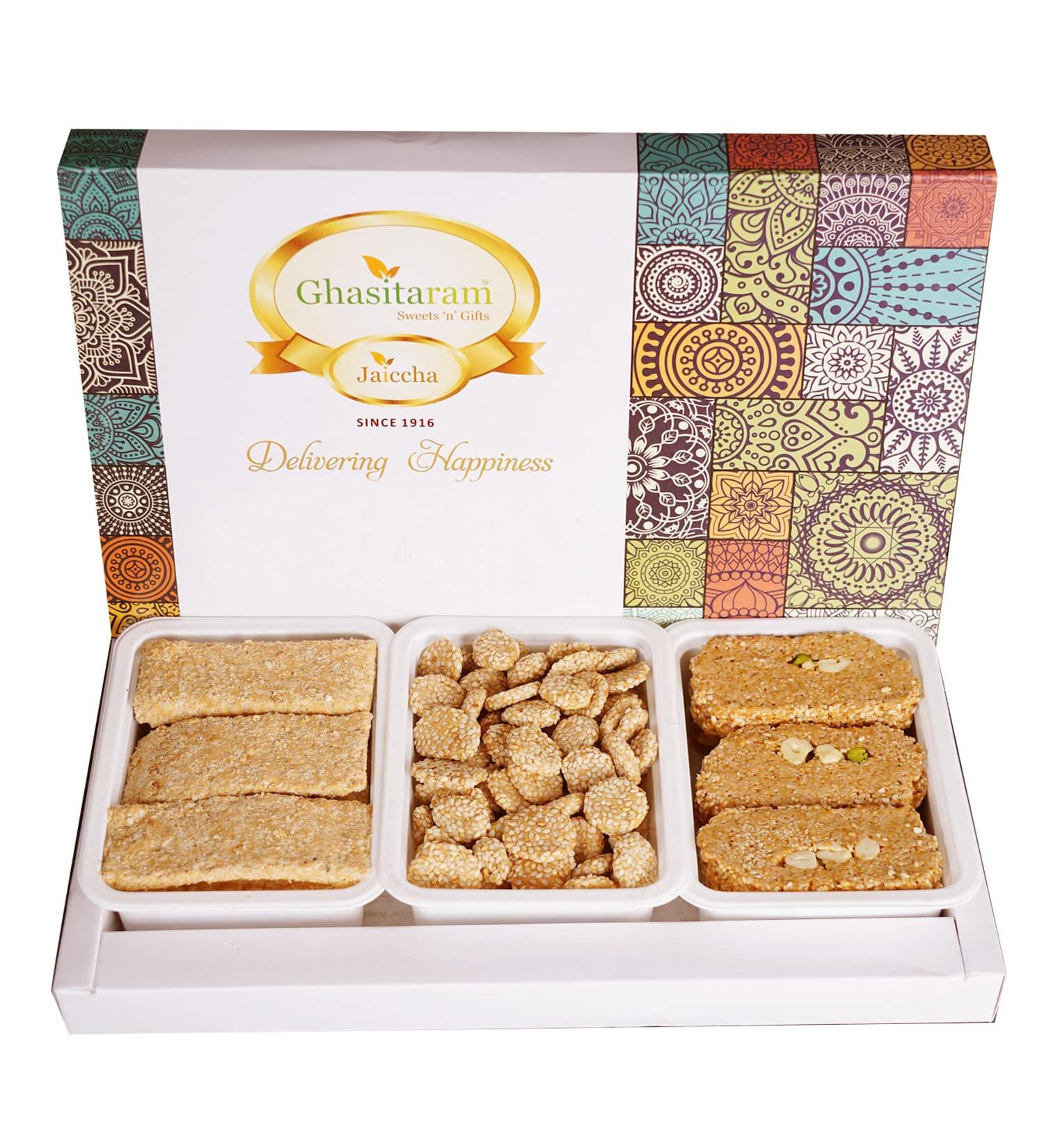 Ghasitaram Gifts Lohri Gifts Assortment of Gud Til Gachak Khasta Gachak and Gud Revadi 600 GMS - Buy Online on GoSupps.com
