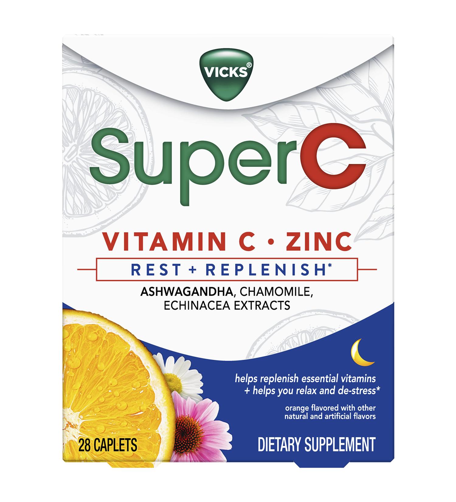 Vicks Super C Nighttime Supplement 28ct - Vitamin C, B Vitamins, Herbal Extracts for Rest & Replenishment - Easy-to-Swallow Coated Tablets - Buy Online on GoSupps.com