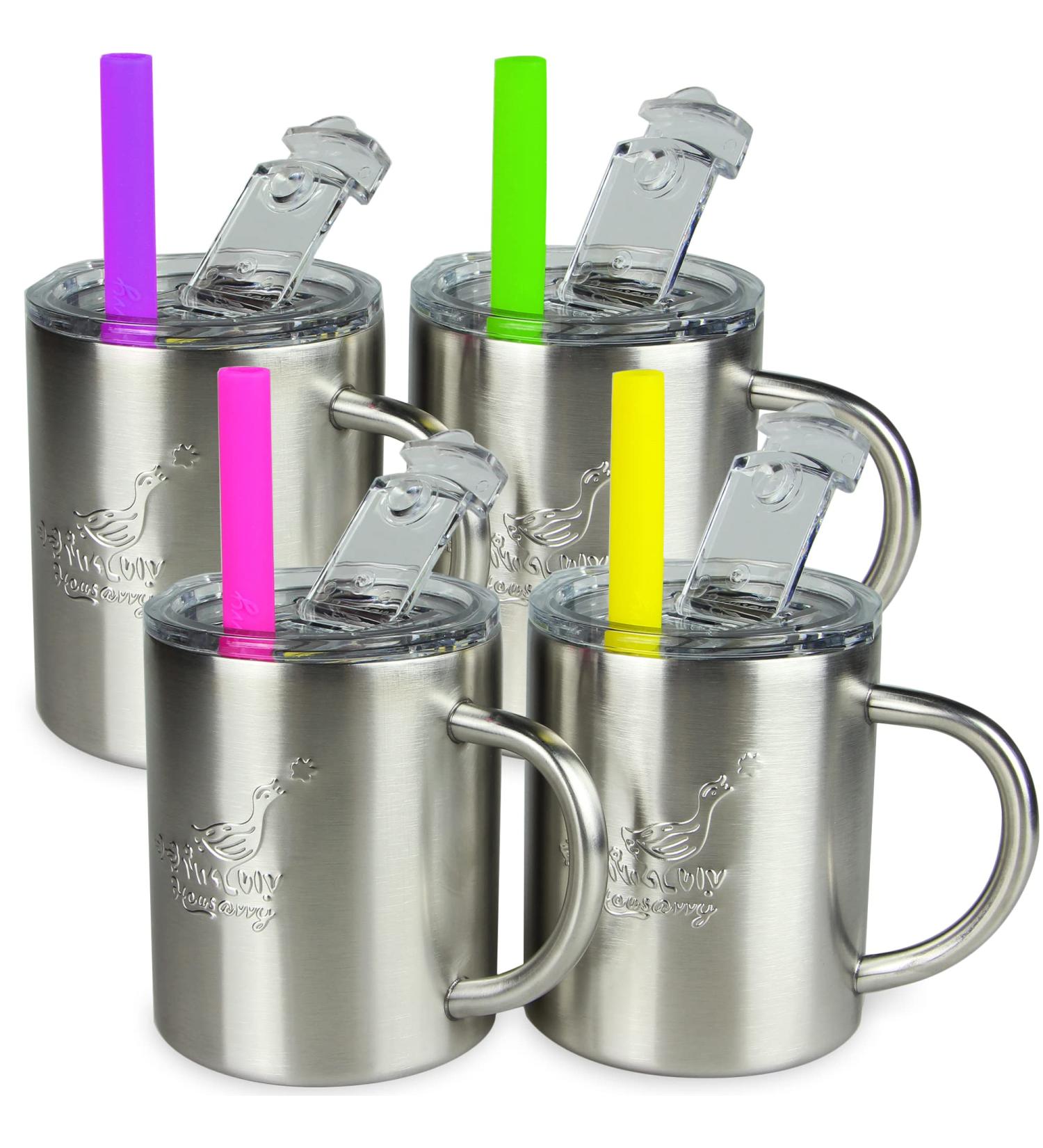 Housavvy 10 Oz Kids Stainless Steel Cups - Insulated, Spill Proof Toddler Cups with Straws, Lids, and Handles - BPA Free Sippy Cups for Toddlers - Silver-Duck Design - 4 Pack - Buy Online on GoSupps.com