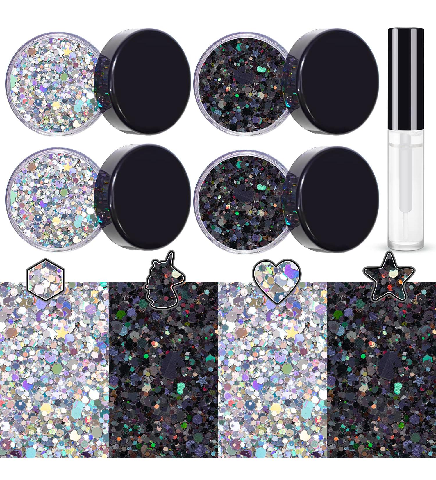 Buy Silver & Black Holographic Chunky Glitter - Cosmetic Body Hair Face Eye Nail - Festival & Rave Accessories (4 Pots 32g) + Quick Dry Primer Gel - Buy Online on GoSupps.com
