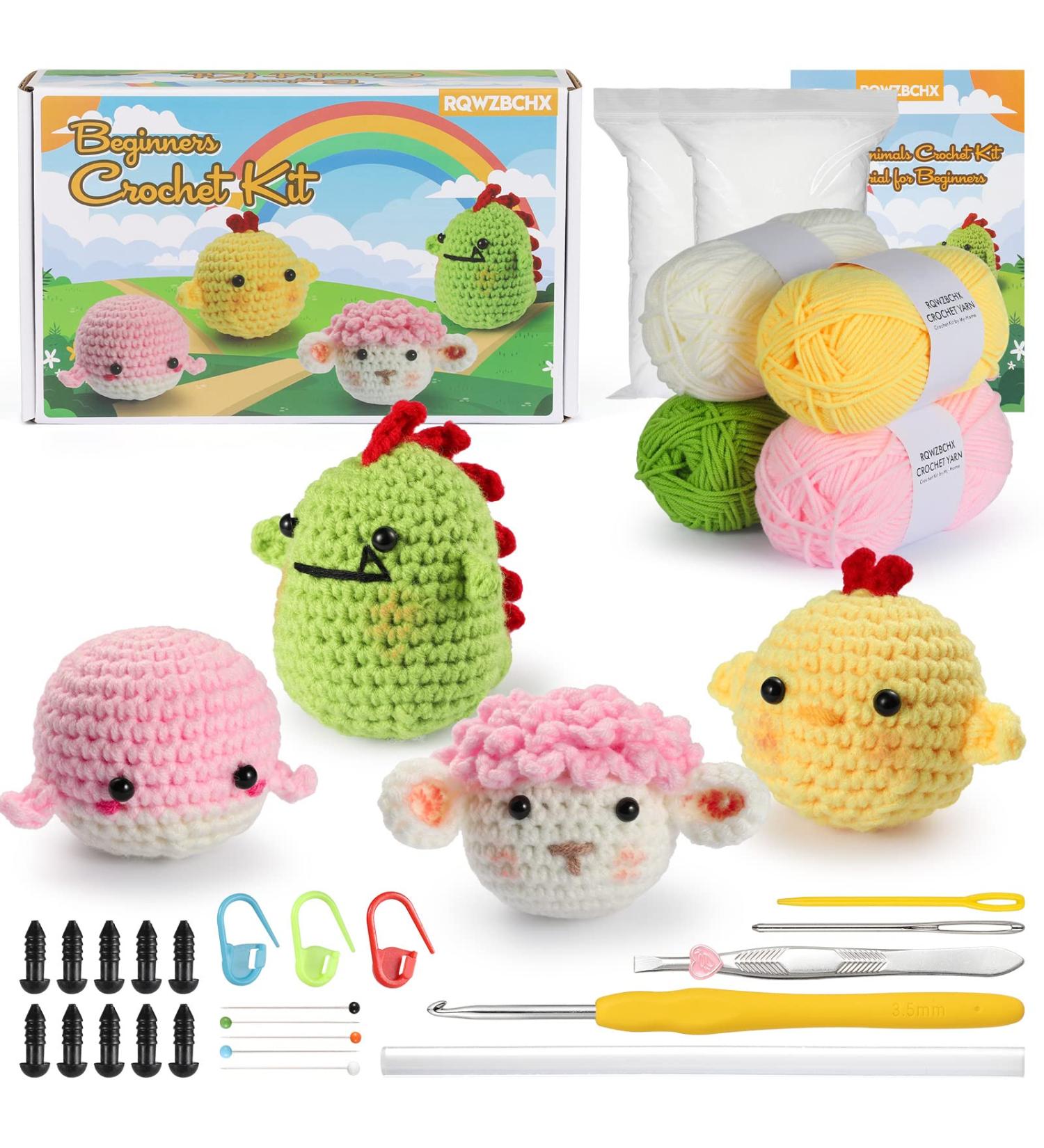 RQWZBCHX 4 Animal Crochet Kit for Beginners - Chicken, Whale, Sheep, Dinosaur - Video Instructions, Yarns, Hooks & Accessories - Buy Online on GoSupps.com