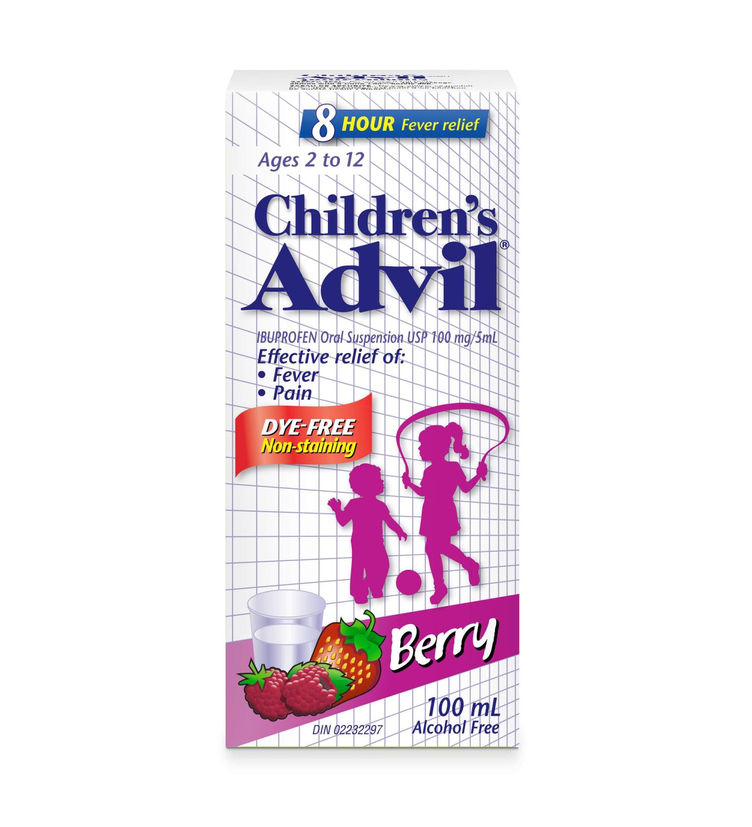 Children's Advil (100 mL Berry Flavour) Ibuprofen Suspension Dye Free Temporary Fever Reducer 100 ML Berry - Buy Online on GoSupps.com
