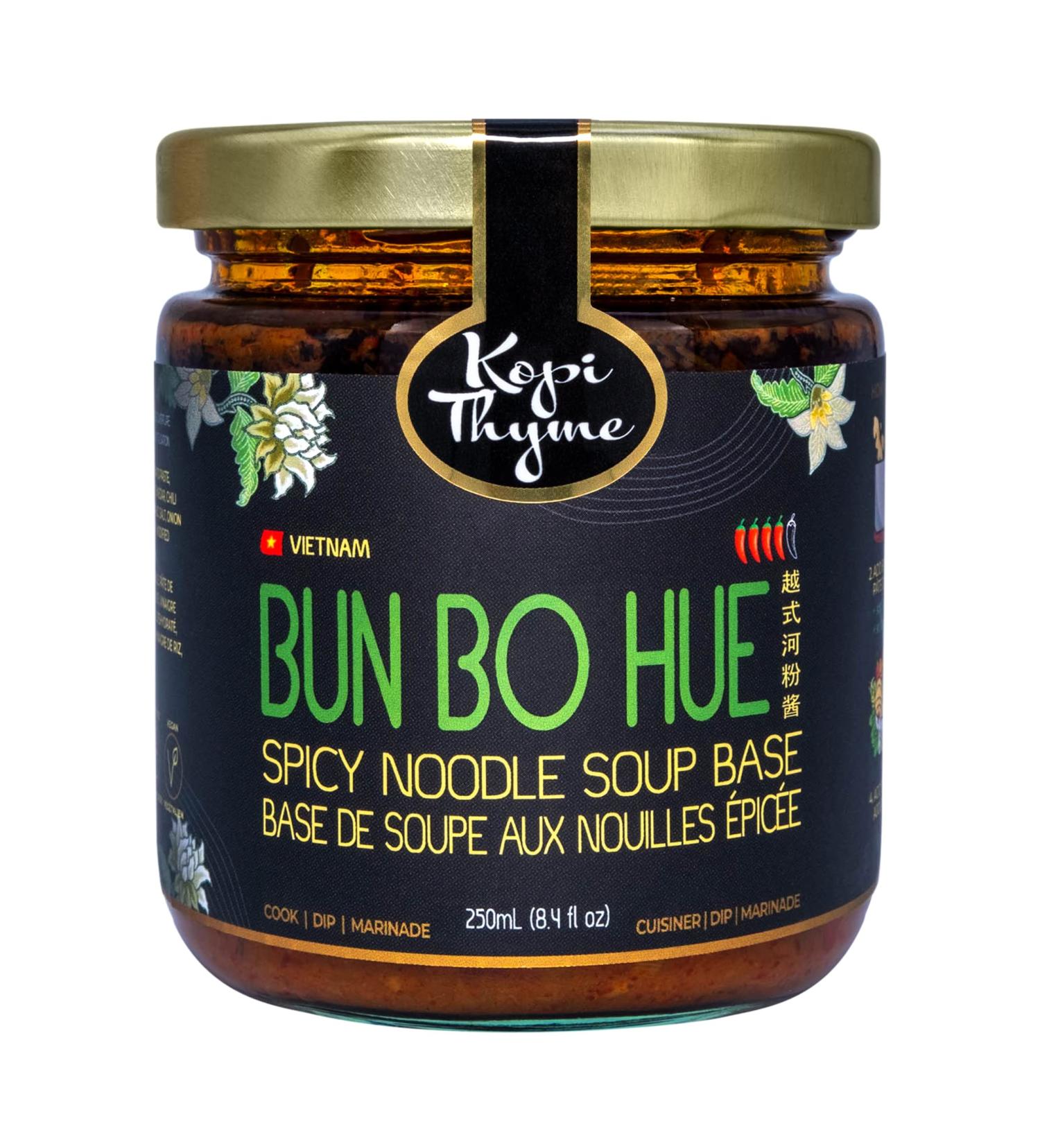 Kopi Thyme Bun Bo Hue Spicy Noodle Soup Base. Traditional Vietnamese Pho Soup Base. Create Easy Meals at Home. Vegan Gluten Free Nut Free Dairy Free Soy Free Plant Based. Made In Canada. 250ml (Pack Of 1) Bun Bo Hue 250 ml (Pack of 1) - Buy Online on GoSupps.com