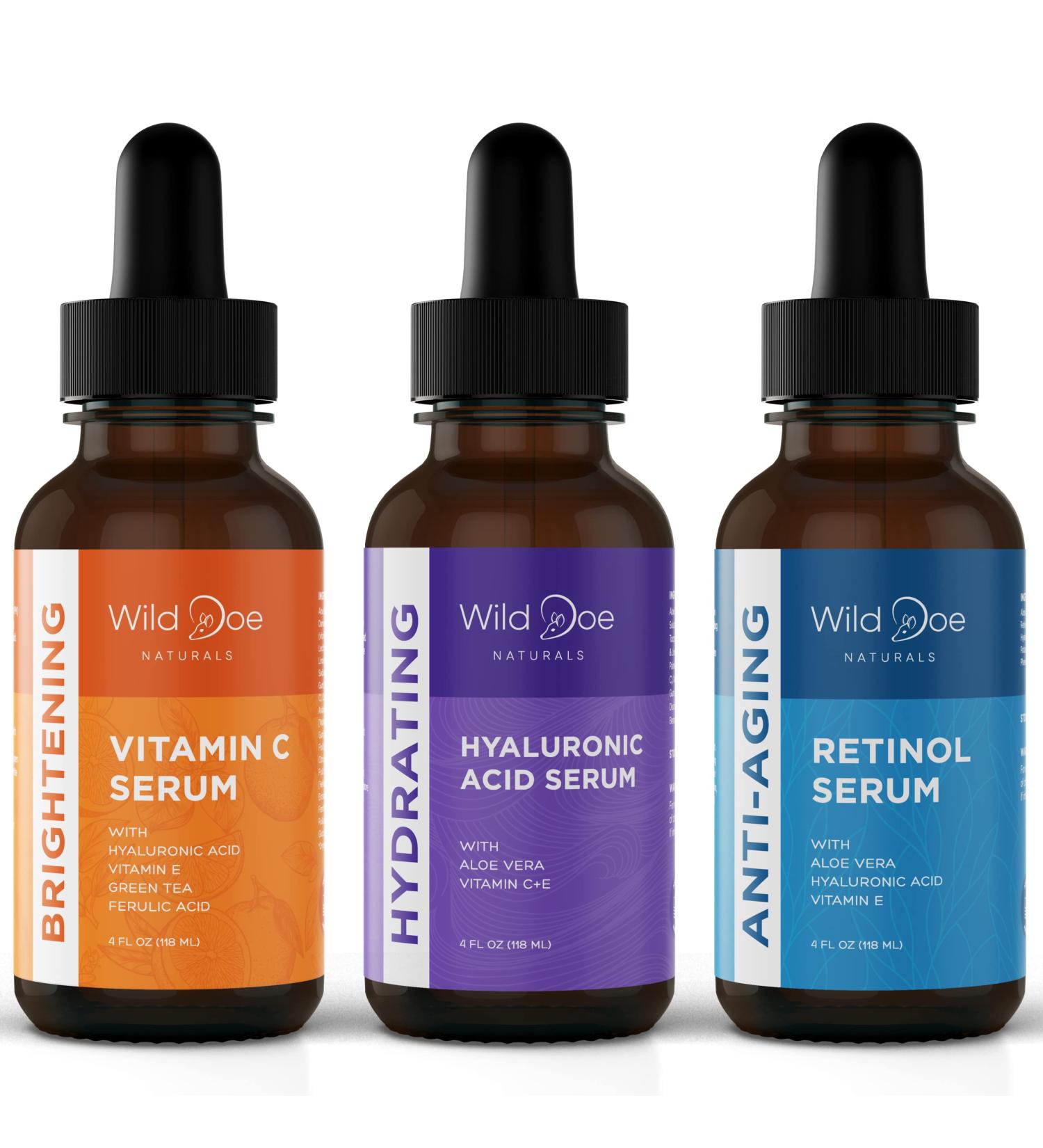 Anti Aging Serum Set with Vitamin C, Hyaluronic Acid & Retinol - Wrinkle Free Skin Care Routine for Women & Men - 3 Pack of 4 fl. oz Serums - Buy Online on GoSupps.com