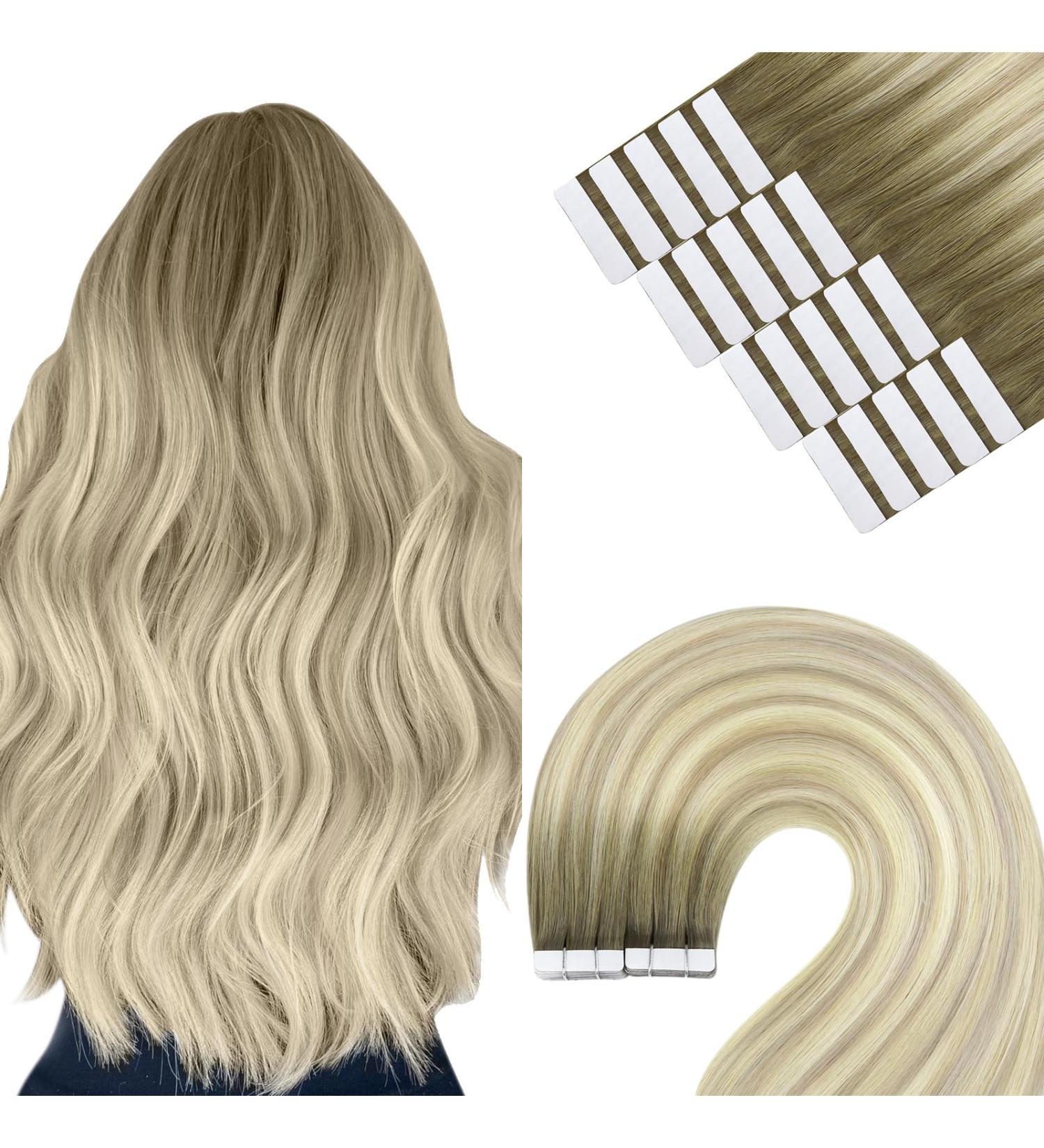 Youngsee Real Hair Extensions Tape Ombre 55cm - Ash Blond Balayage & Platin Blond Remy Tape Ins (20 Pcs 50g) - Premium Quality Hair Extensions - Buy Online on GoSupps.com