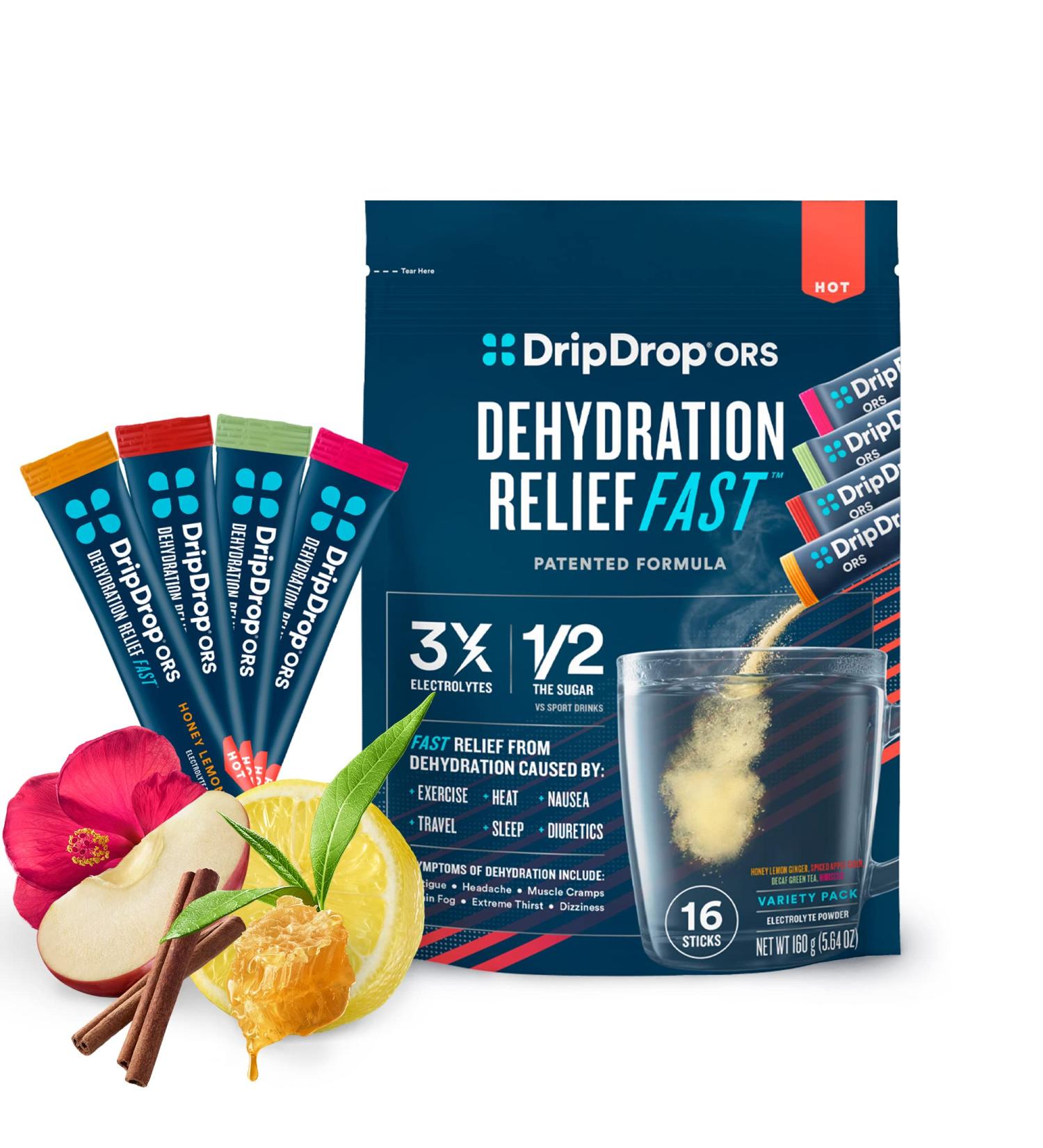 DripDrop Hydration Electrolyte Powder Packets - Hot Classics Variety Pack - 16 Count Spiced Apple Cider, Hibiscus, Honey Lemon Ginger, Decaf Green Tea - Buy Online on GoSupps.com