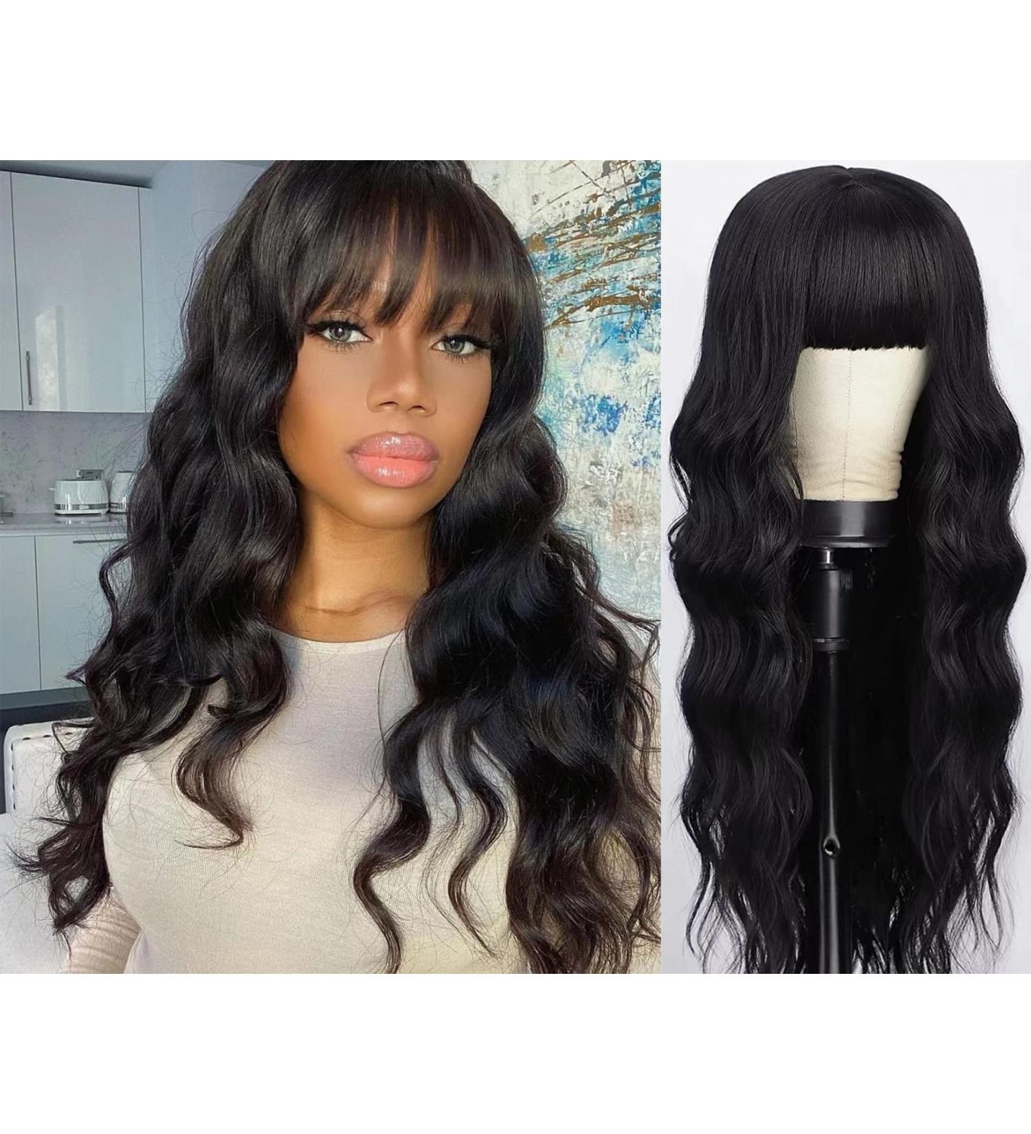 18 Inch Body Wave Wig with Bangs - Brazilian Virgin Human Hair for Black Women | 150% Density None Lace Front Glueless Natural Color Hairstyle - Buy Online on GoSupps.com