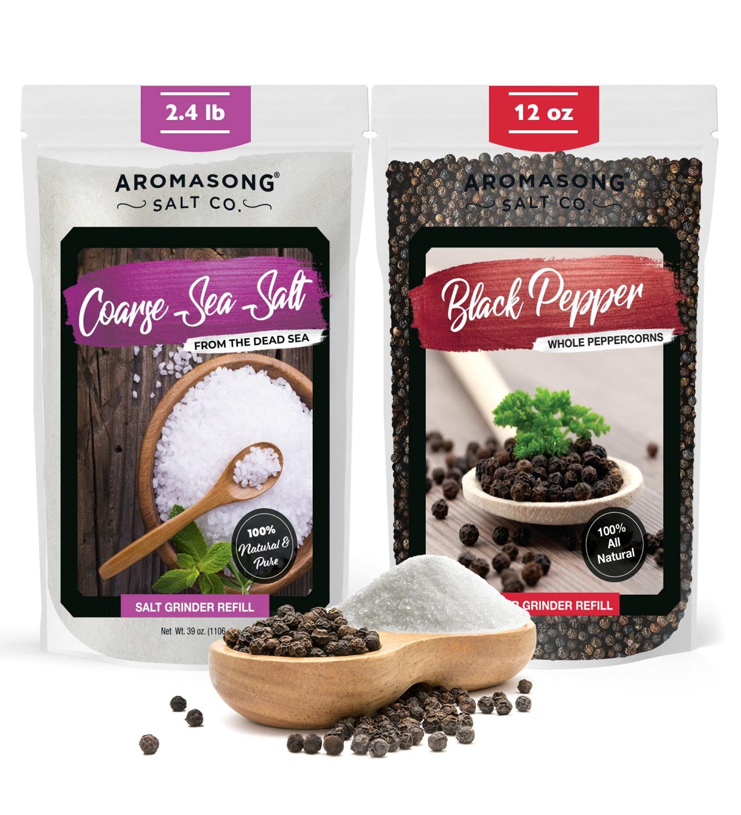 Aromasong Organic Coarse Sea Salt & Black Peppercorn Grinder Mill Refill Combo Set - 2.43 LB Sea Salt, 12 OZ Peppercorn - for Cooking & Baking, Bulk Resealable Bag - Buy Online on GoSupps.com