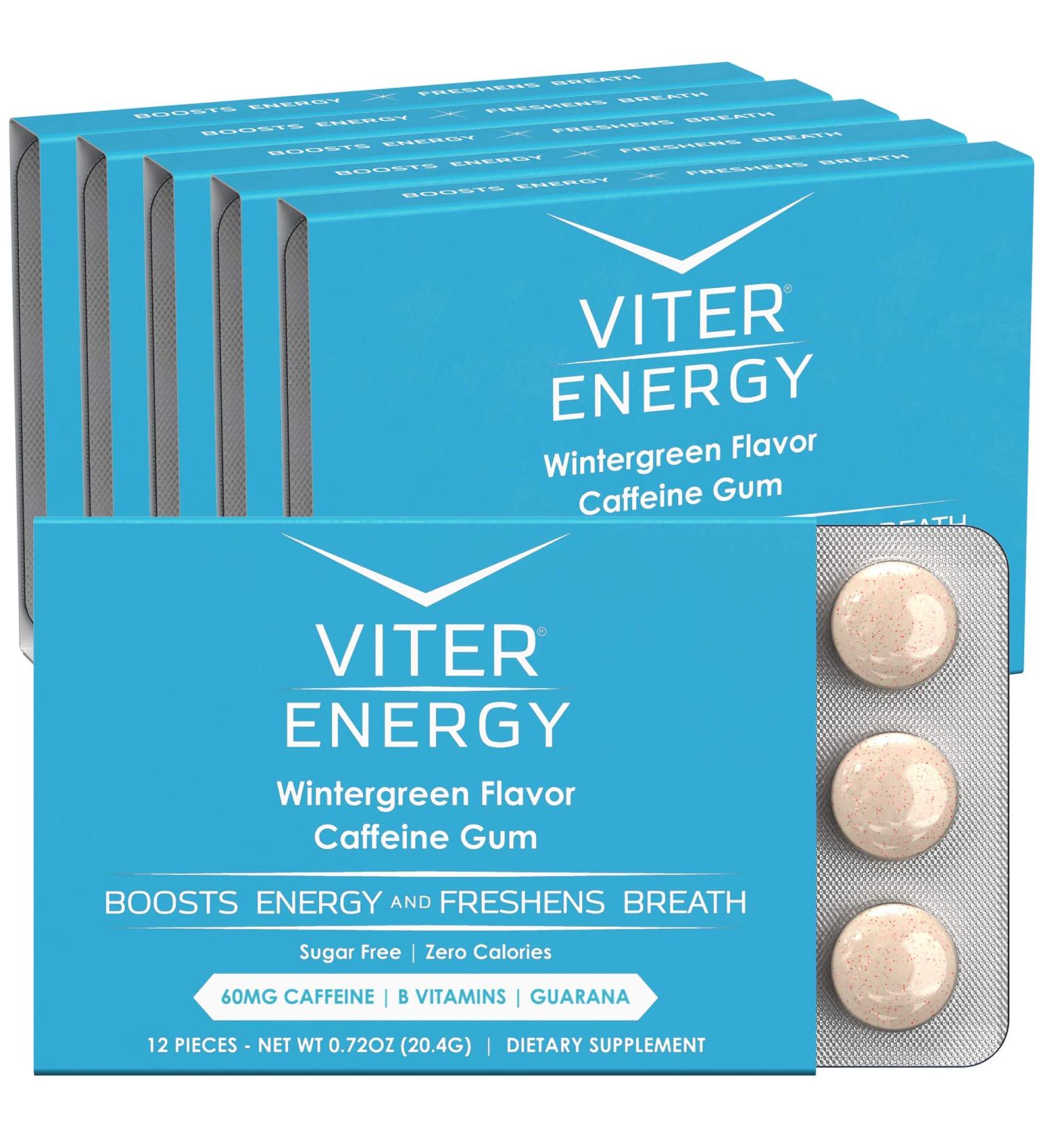 Buy Viter Energy Caffeinated Gum - 60mg Caffeine & B Vitamins - Sugar Free Wintergreen - 12pcs x 6 Packs - Boost Energy Anytime - Buy Online on GoSupps.com