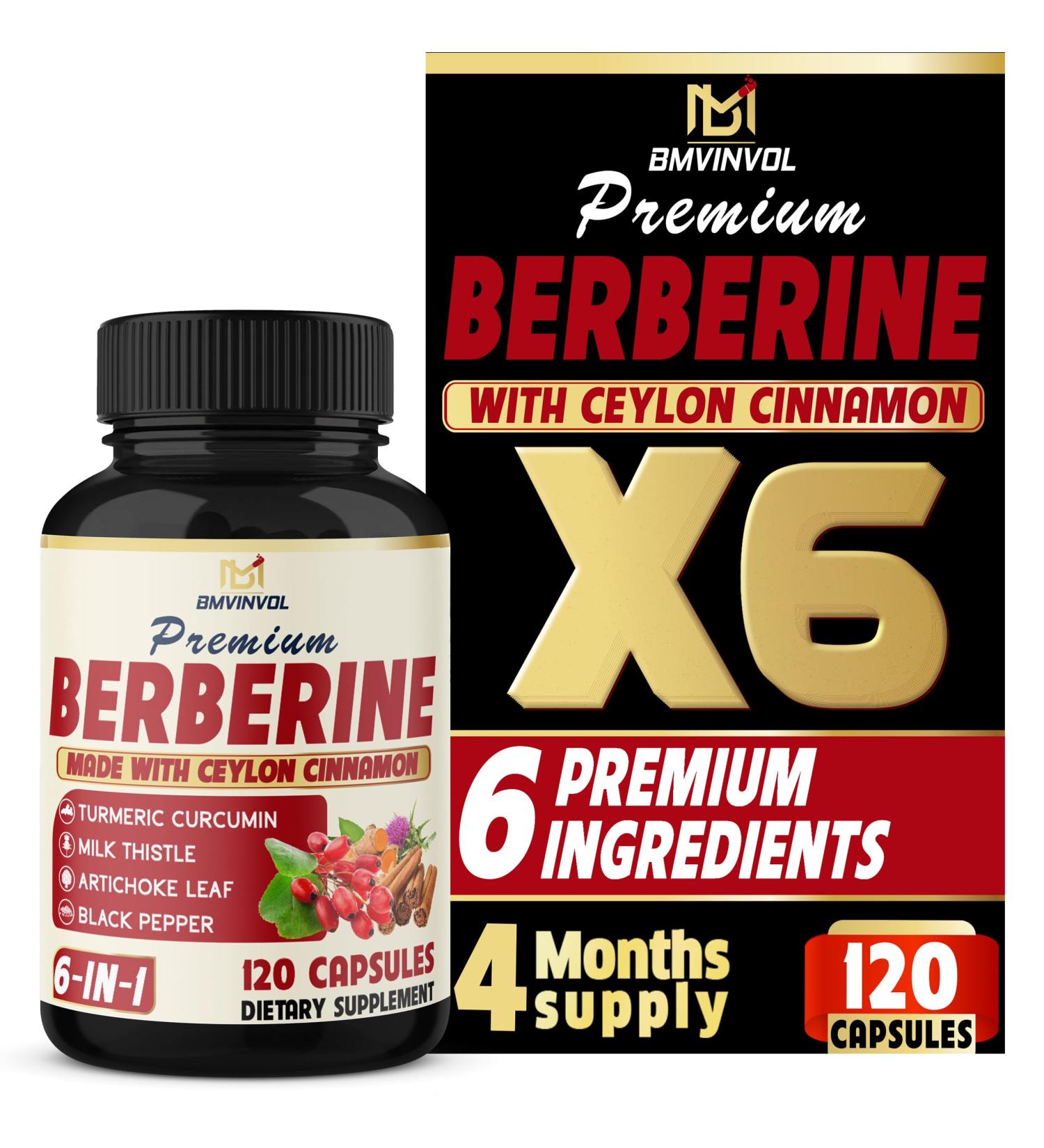 BMVINVOL 6in1 Berberine Supplement with Ceylon Cinnamon Tumeric Root Milk Thistle Artichoke Black Pepper -120 Capsules for 4 Month Supply - Buy Online on GoSupps.com