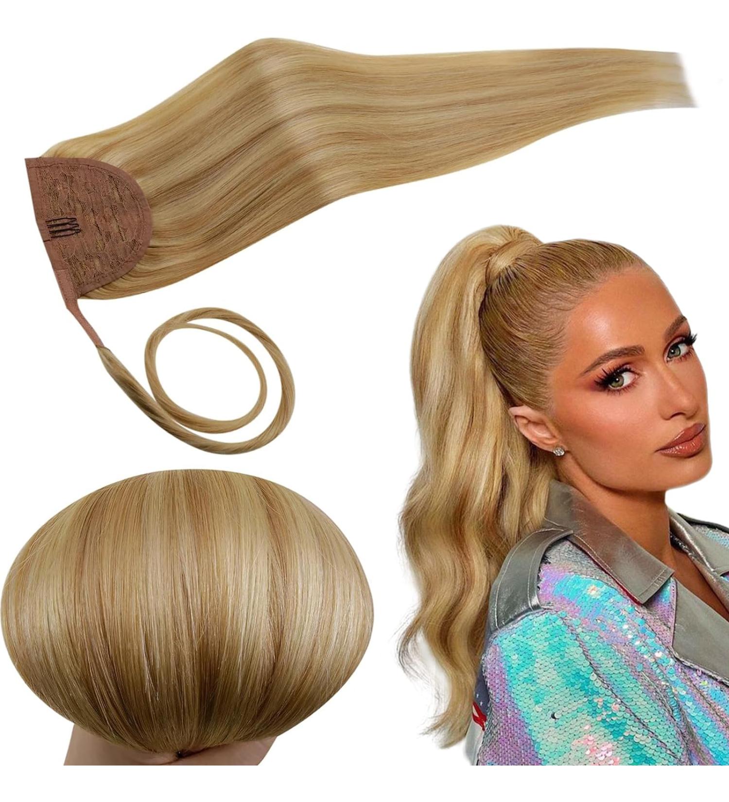 Runature 45cm Real Hair Ponytail Extensions - Blonde Highlights Remy Human Hair 80g - #16P24 Braid - Buy Online on GoSupps.com