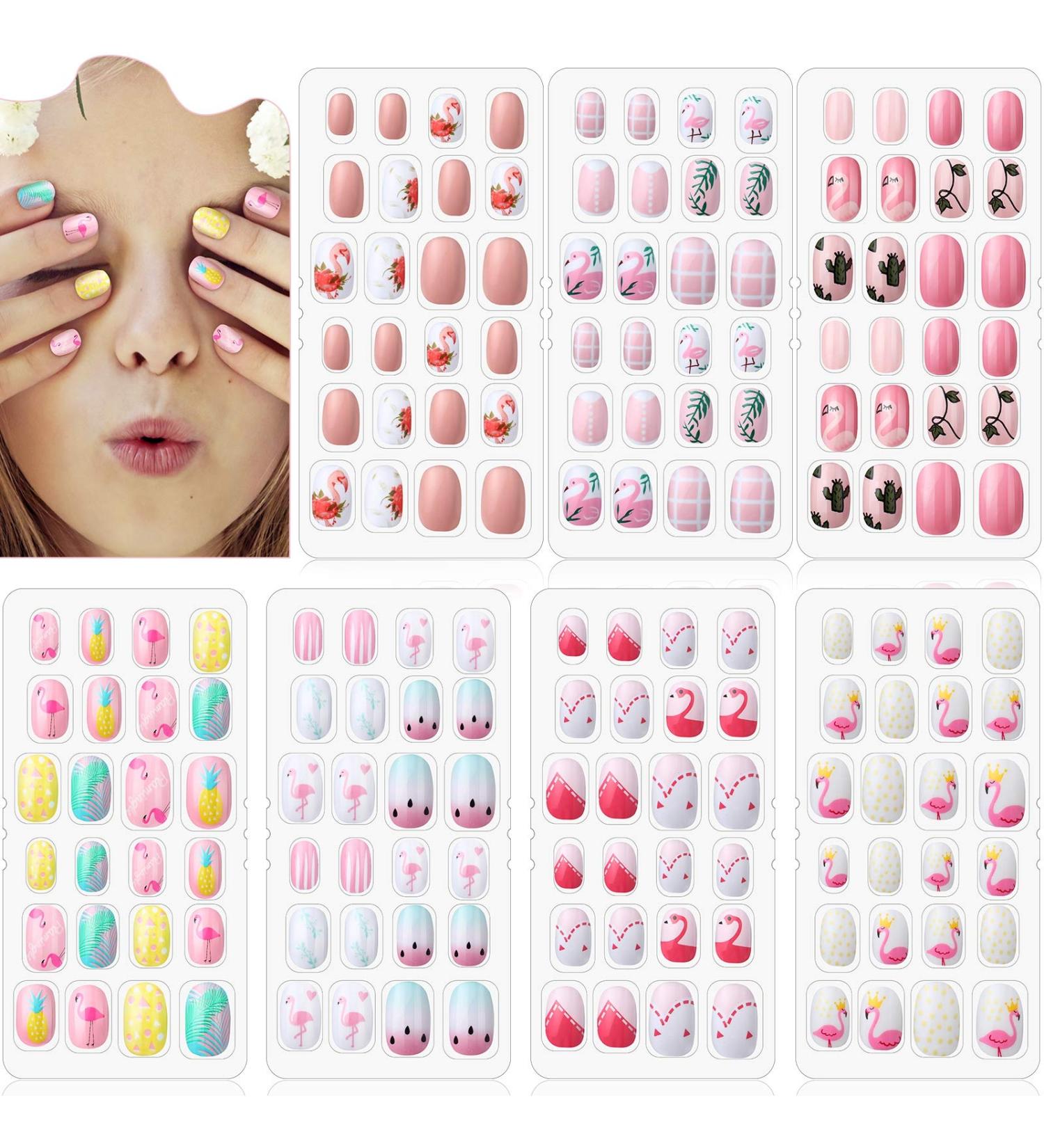 168 Pieces Girls Press Nails - 7 Days Fake Nails & Nail Tips for Kids | Full Cover Short Faux Fingernails with Flamingo Theme | Nail Art Decoration - Buy Online on GoSupps.com