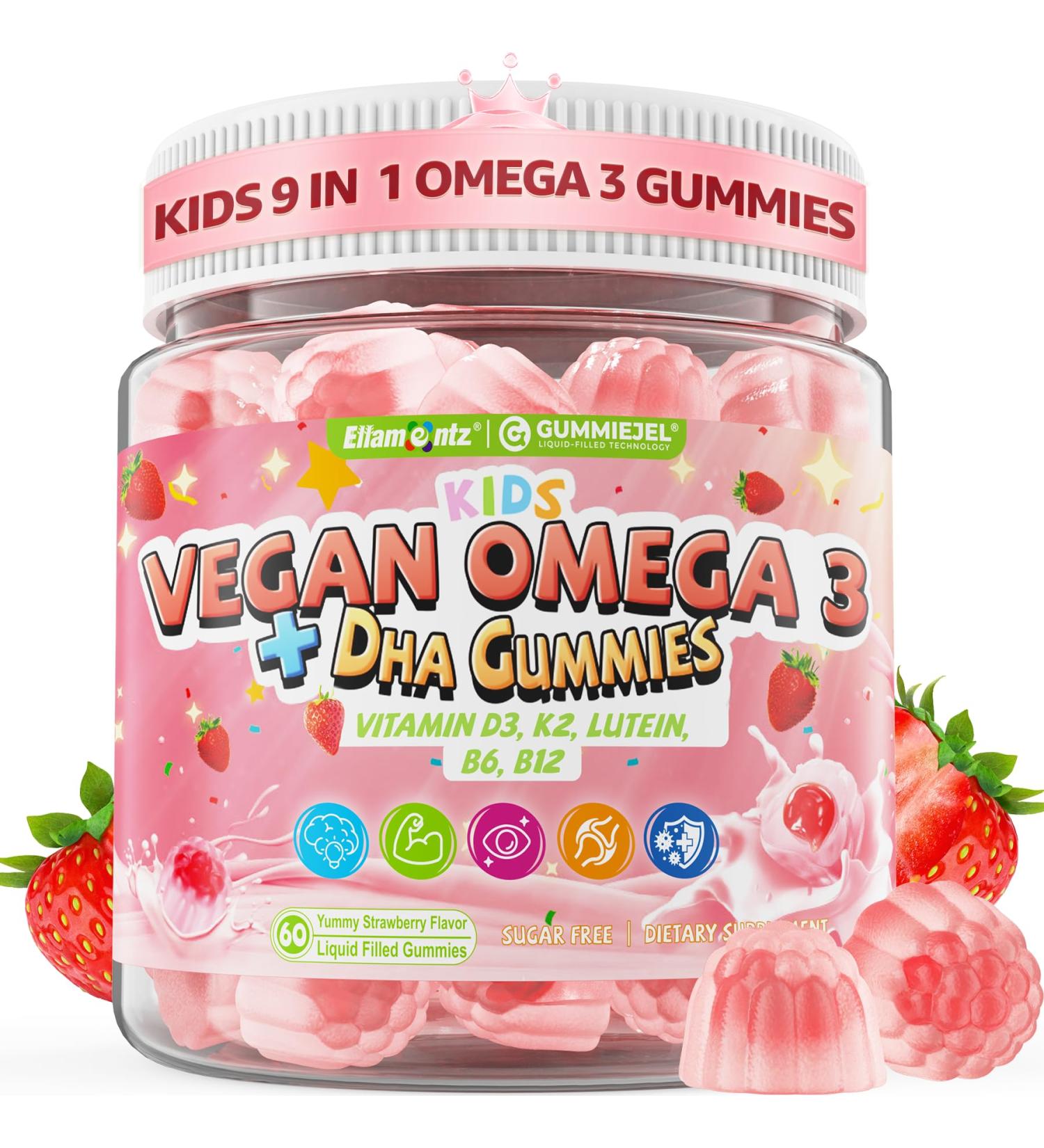Kids Omega 3 Gummies for 4+ with DHA Vitamins D3 K2 C B6 Methyl B12 Luetin & PS No Fish Taste Sugar Free Omega 3 Fish Oil Alternative for Children for Brain Bone Eyes Focus Immunity 60Cts 60 Count (Pack of 1) - Buy Online on GoSupps.com