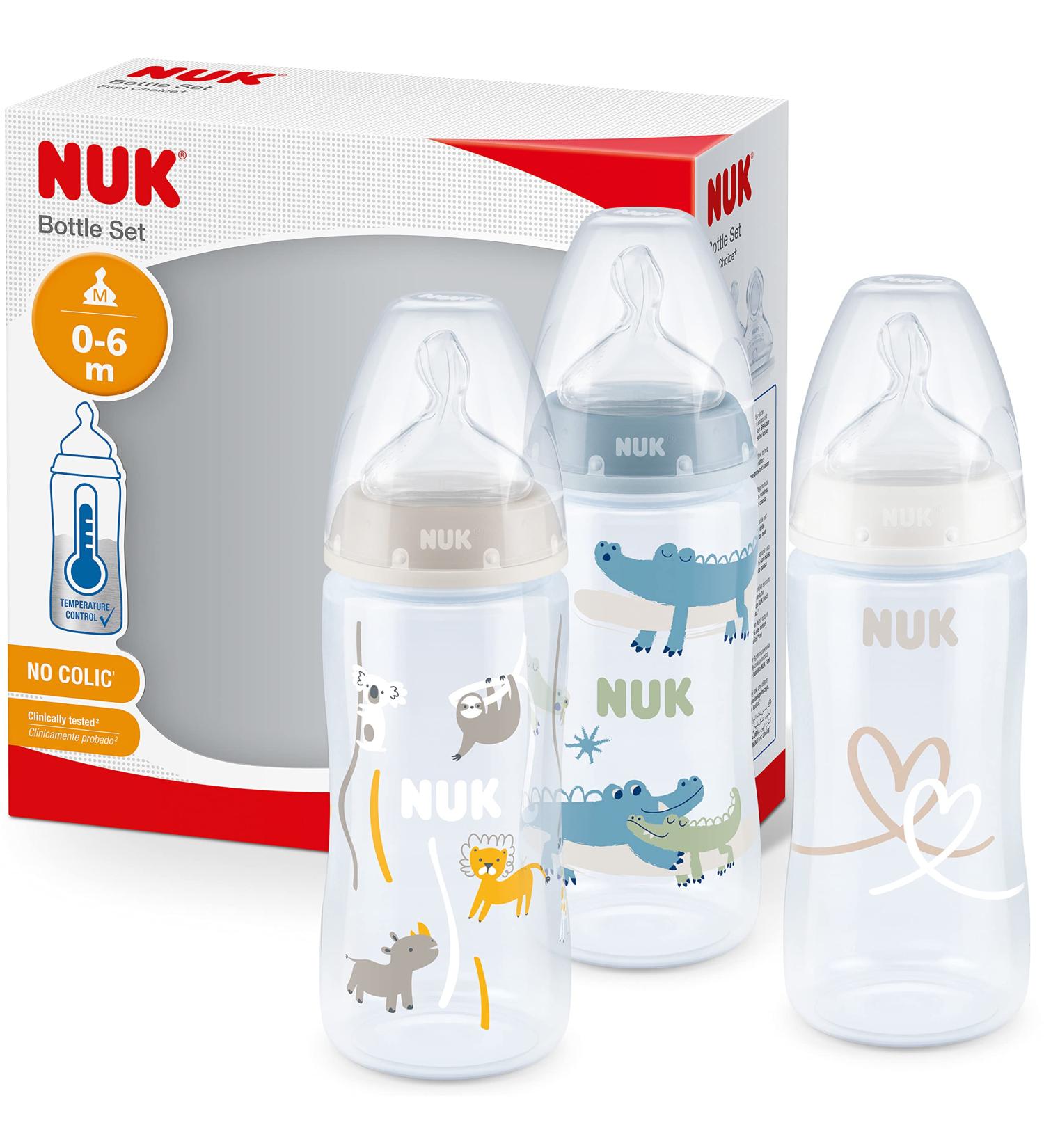NUK First Choice+ Baby Bottles Set | Temperature Control | Anti Colic Vent | 300ml | BPA-Free | Safari Animals (Blue) | 3 Pack - Buy Online on GoSupps.com