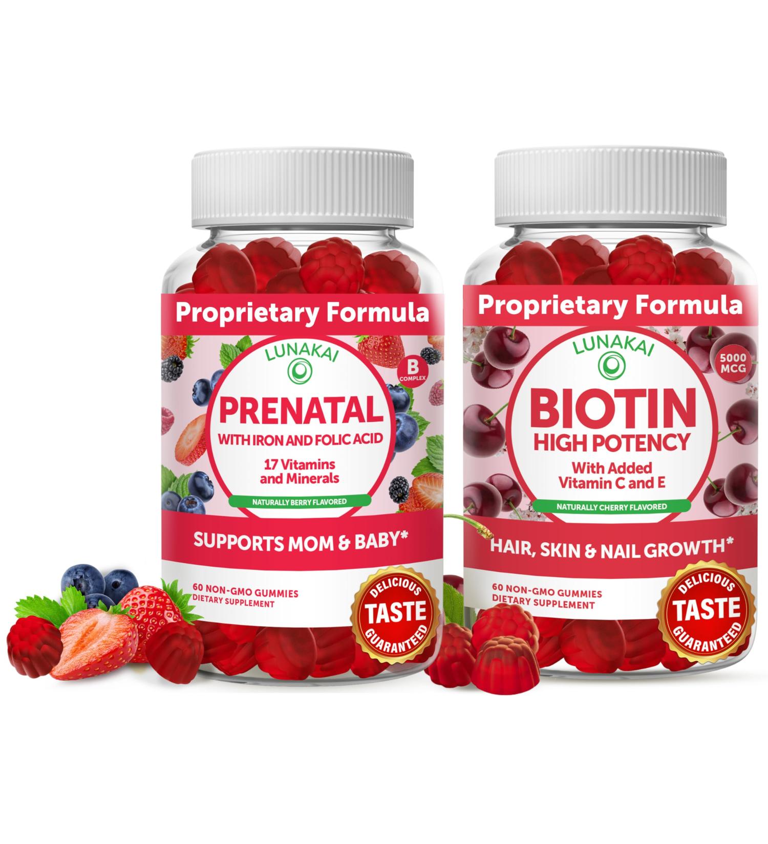 Lunakai Biotin and Prenatal Bundle - Hair Skin and Nails Growth Supplement with Vitamin C and E - Pregnancy Multivitamin Gummy with Iron & Folic Acid - 30 Days Supply - Buy Online on GoSupps.com